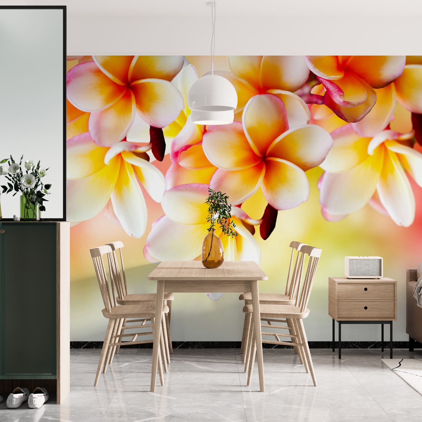 Papier peint des fleurs blanches et orange sont suspendues au-dessus de la surface de l'eau