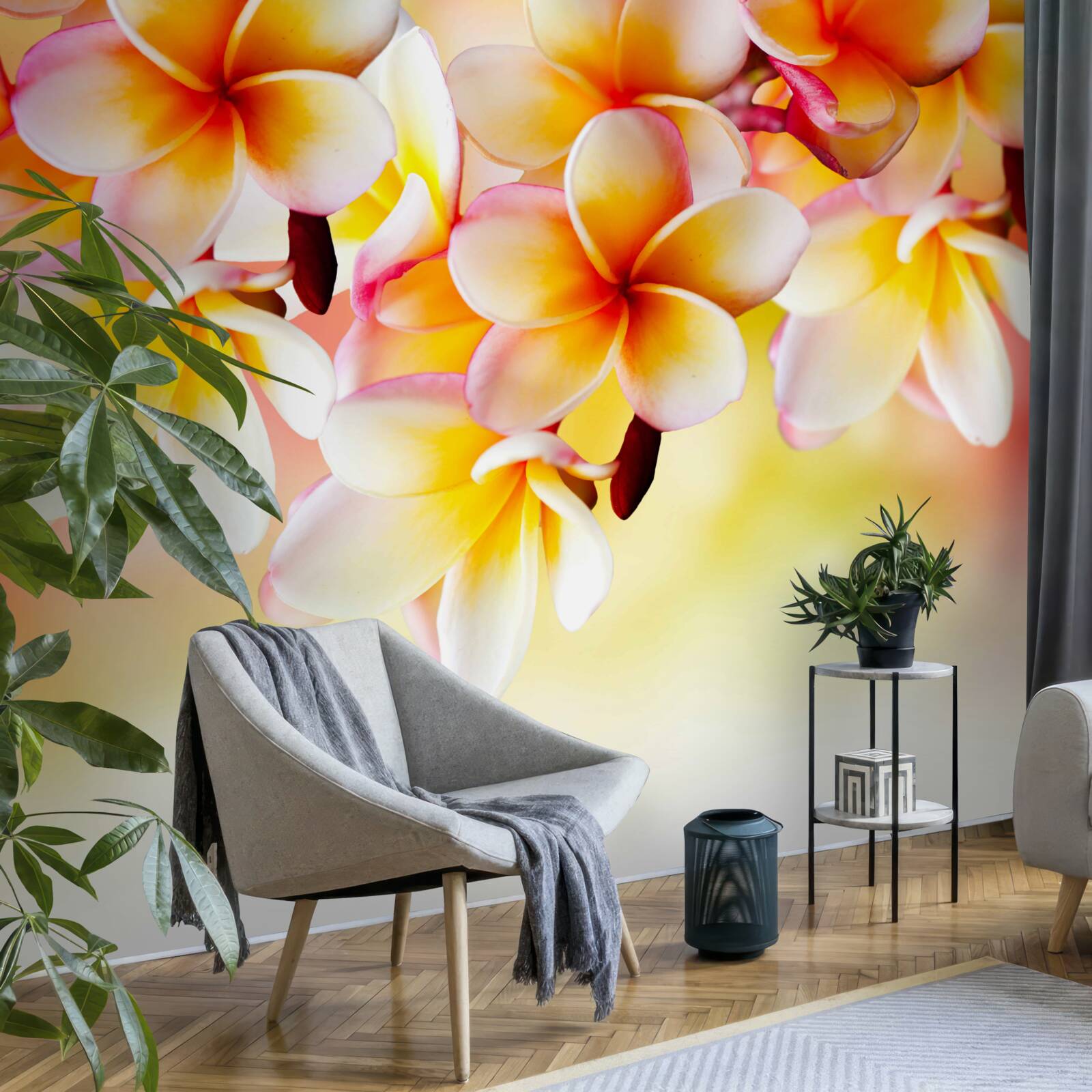 Papier peint des fleurs blanches et orange sont suspendues au-dessus de la surface de l'eau