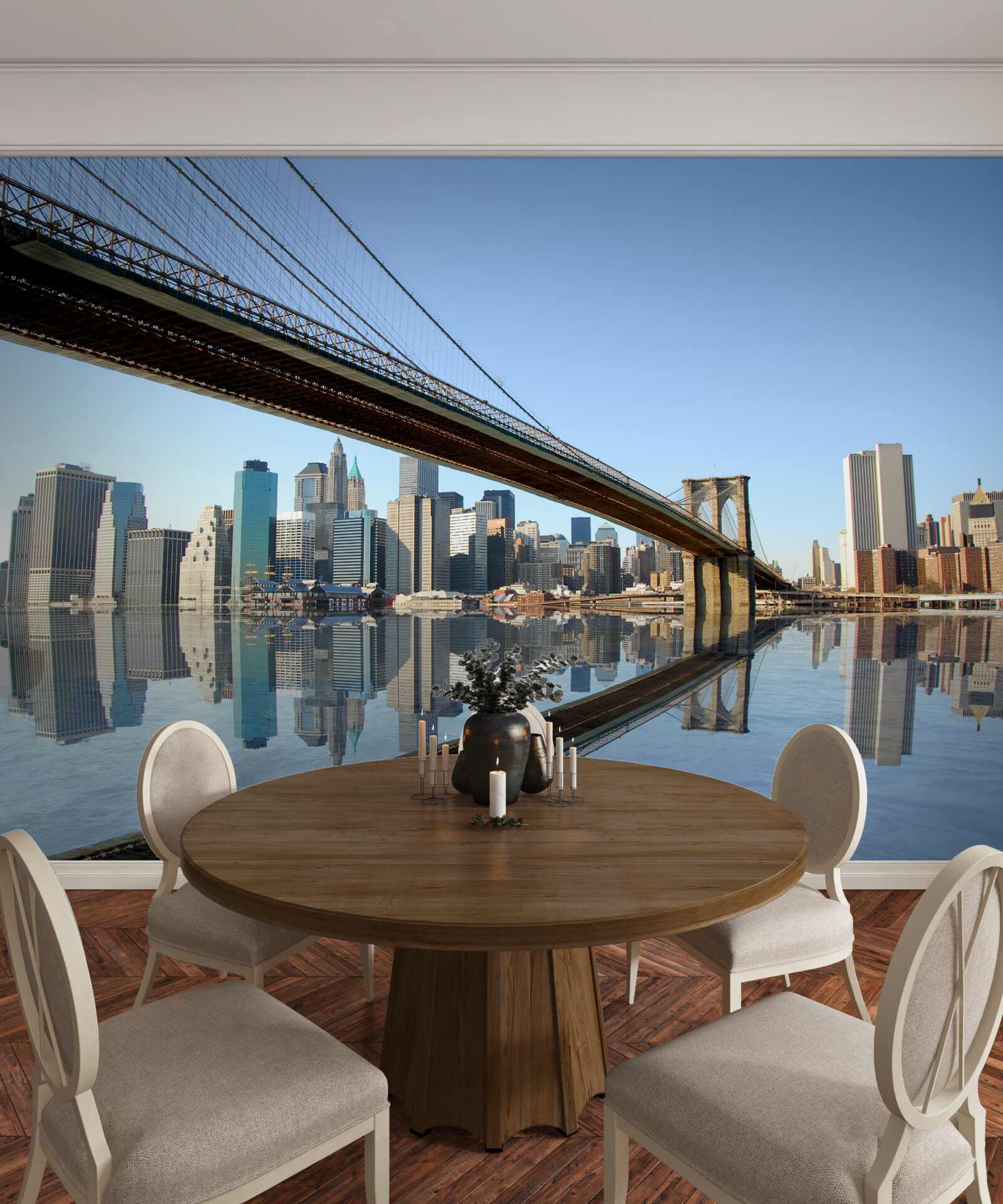 Papier peint un pont traversant une rivière et menant à une grande ville