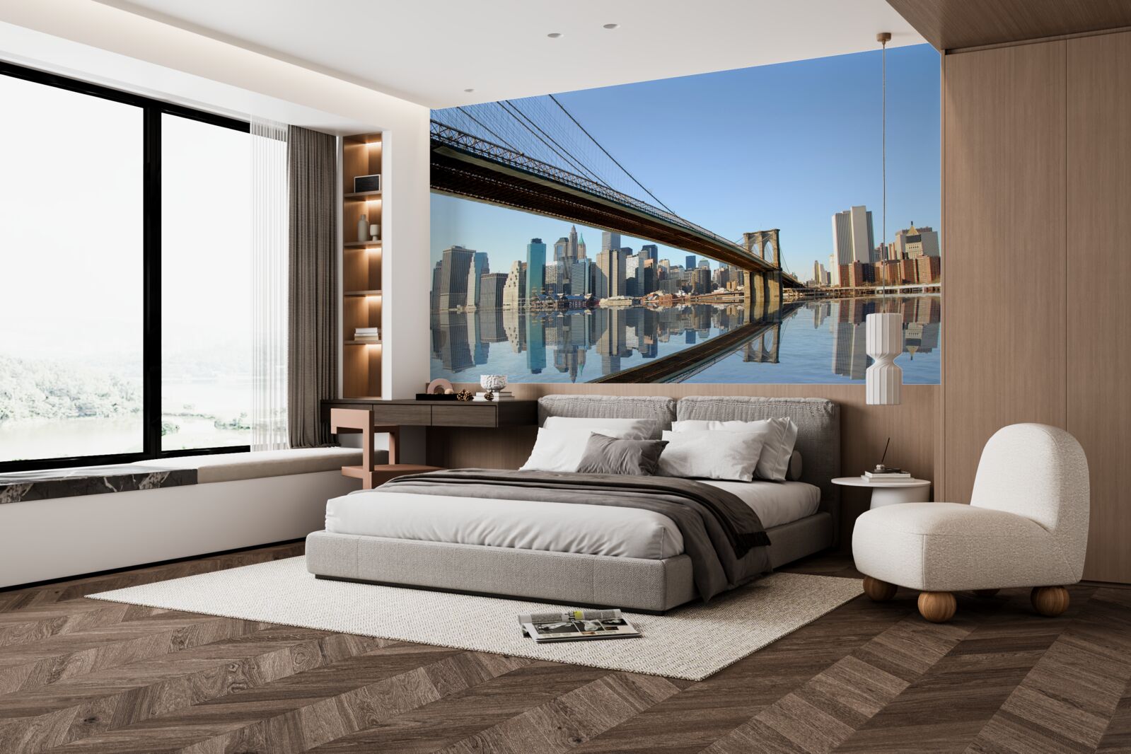 Papier peint un pont traversant une rivière et menant à une grande ville