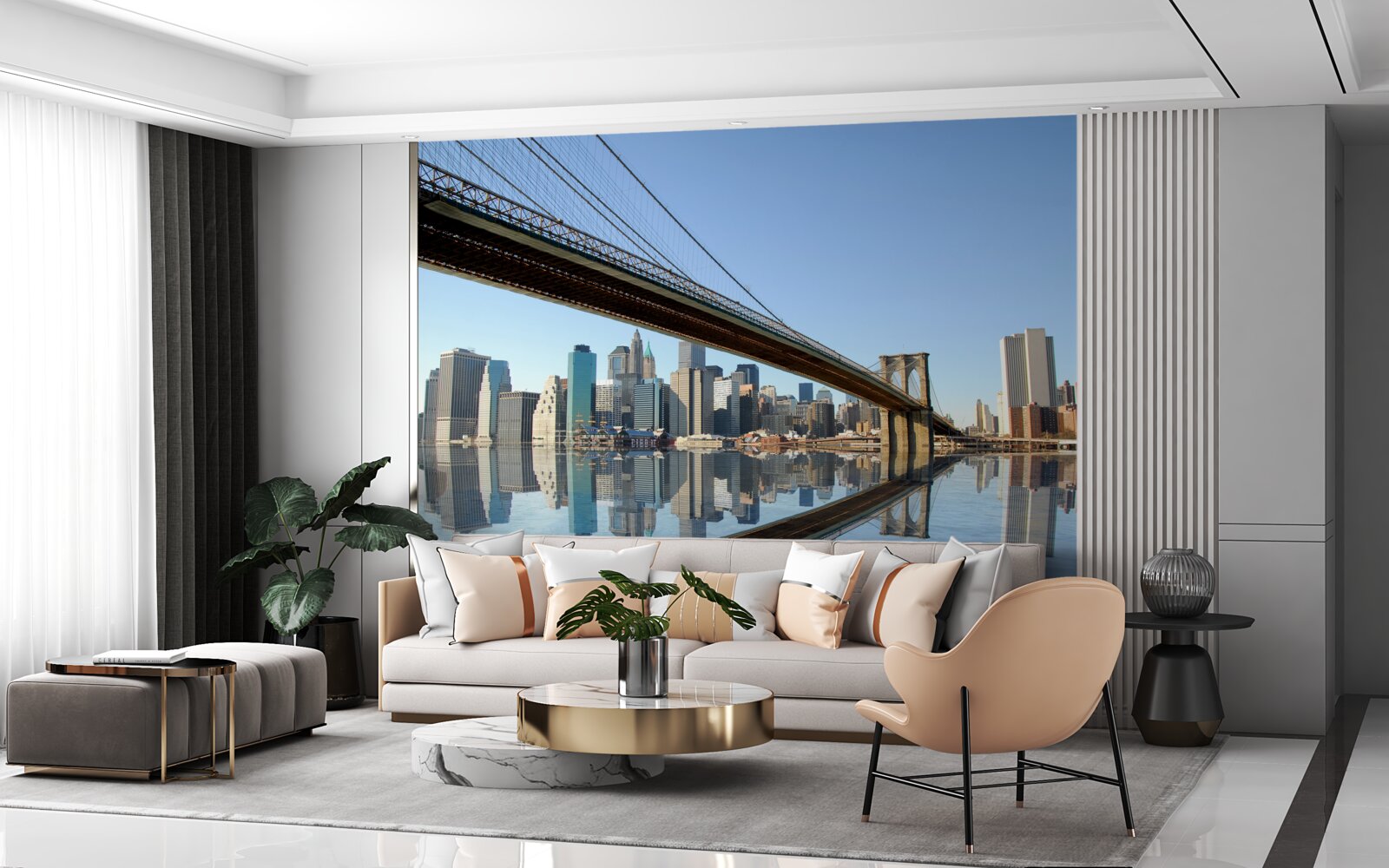 Papier peint un pont traversant une rivière et menant à une grande ville