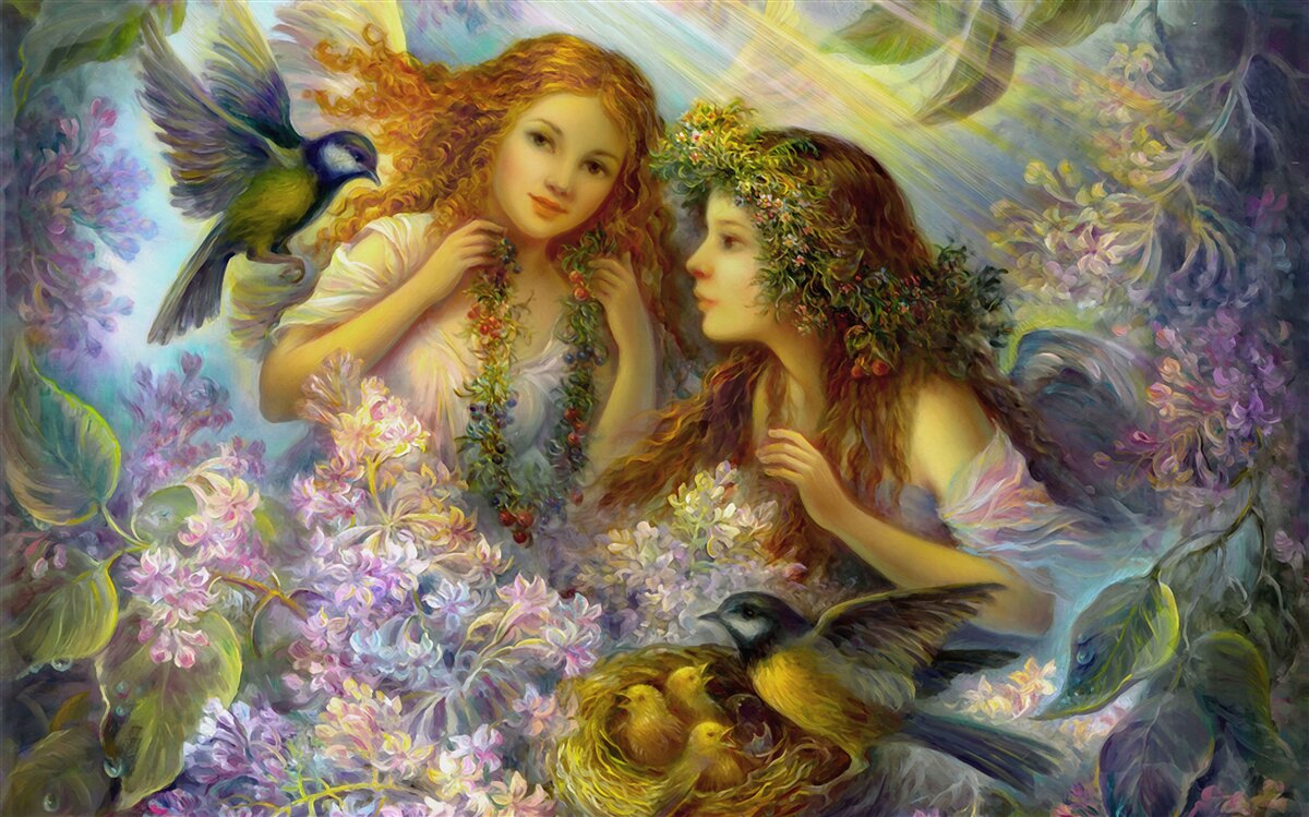 Papier peint les oiseaux parlent à deux filles parmi les fleurs