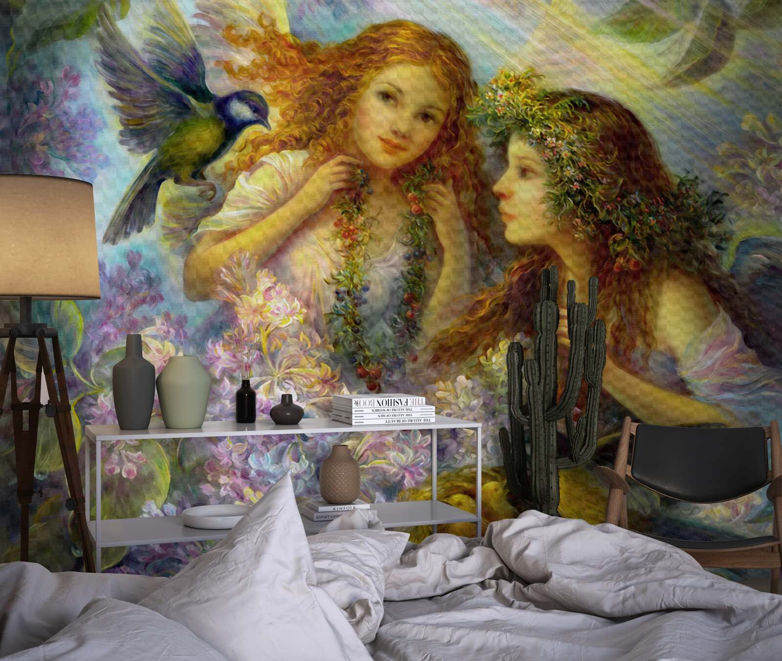 Papier peint les oiseaux parlent à deux filles parmi les fleurs