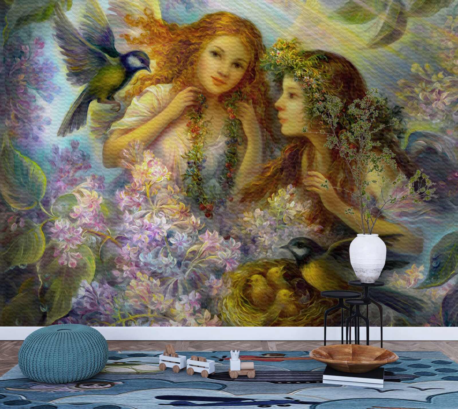 Papier peint les oiseaux parlent à deux filles parmi les fleurs