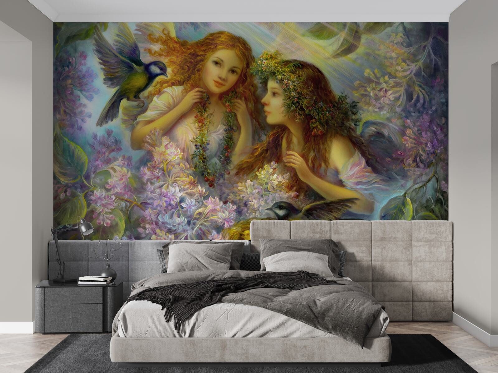 Papier peint les oiseaux parlent à deux filles parmi les fleurs