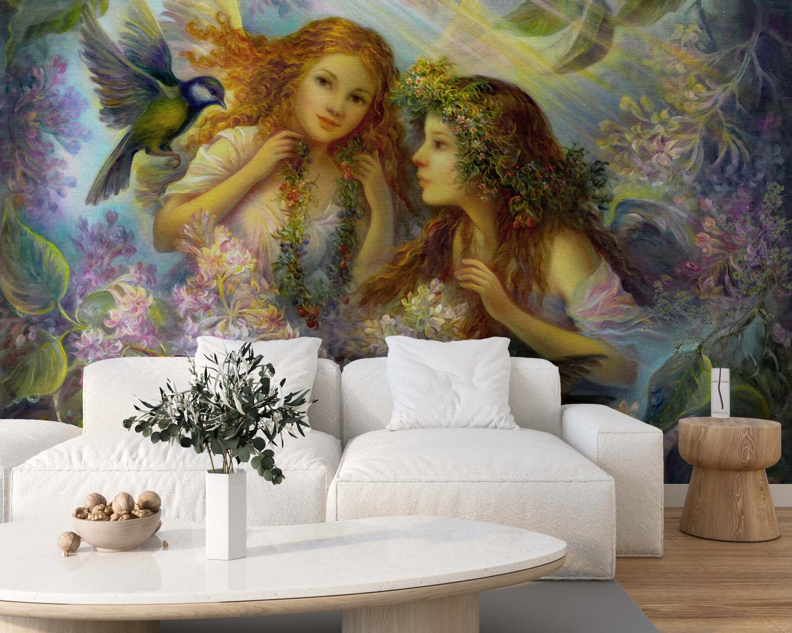 Papier peint les oiseaux parlent à deux filles parmi les fleurs