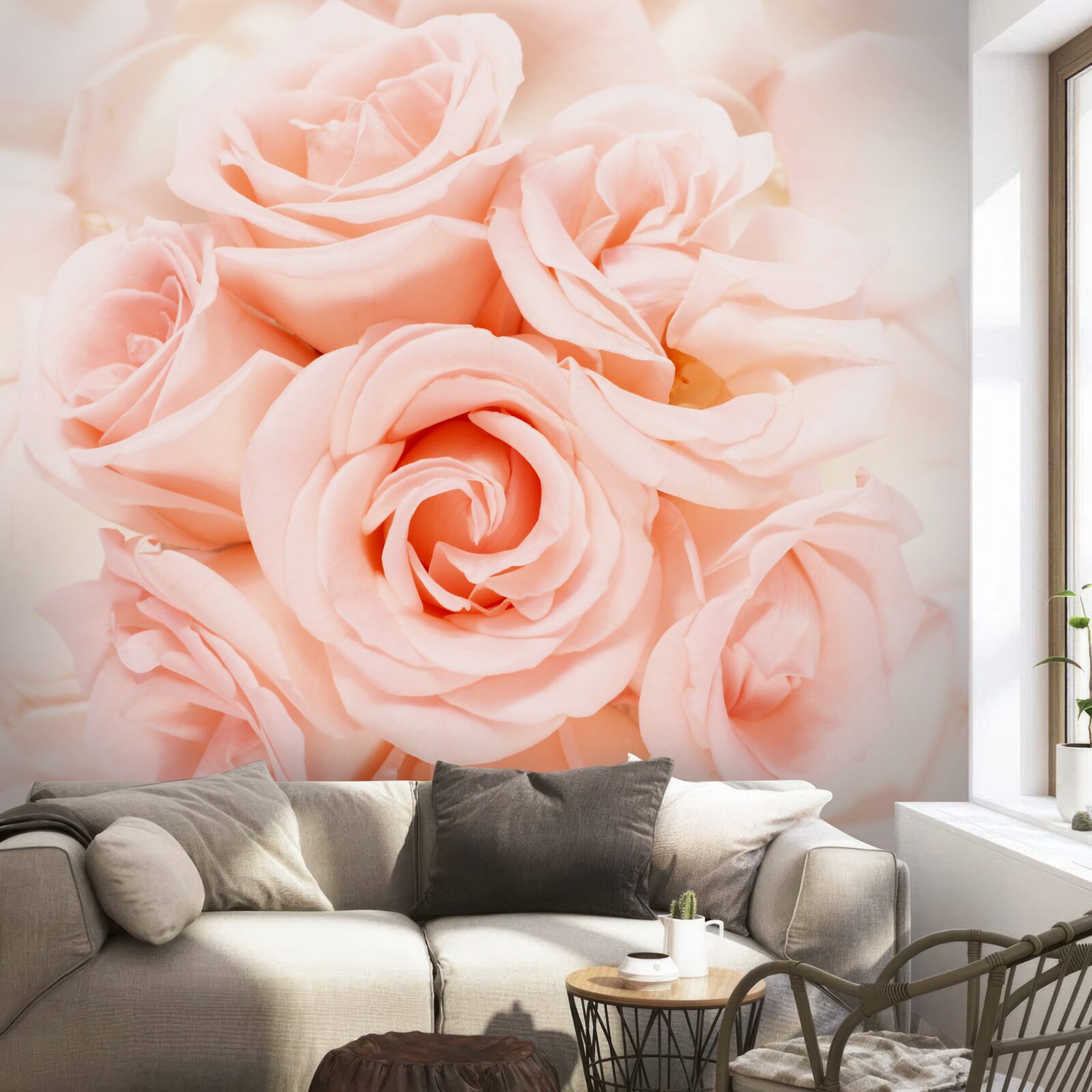 Papier peint bourgeon de rose pêche dans un bouquet délicat