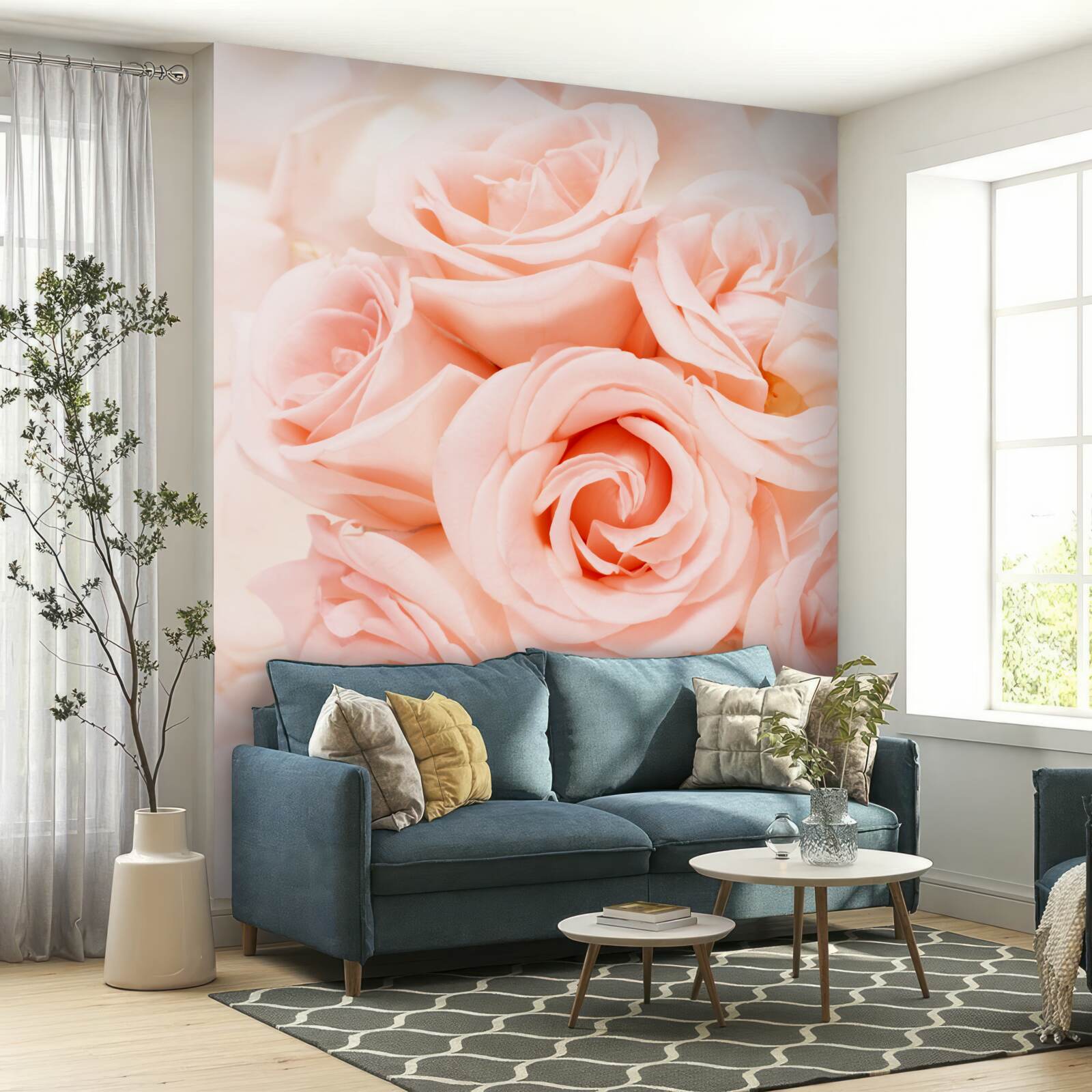 Papier peint bourgeon de rose pêche dans un bouquet délicat