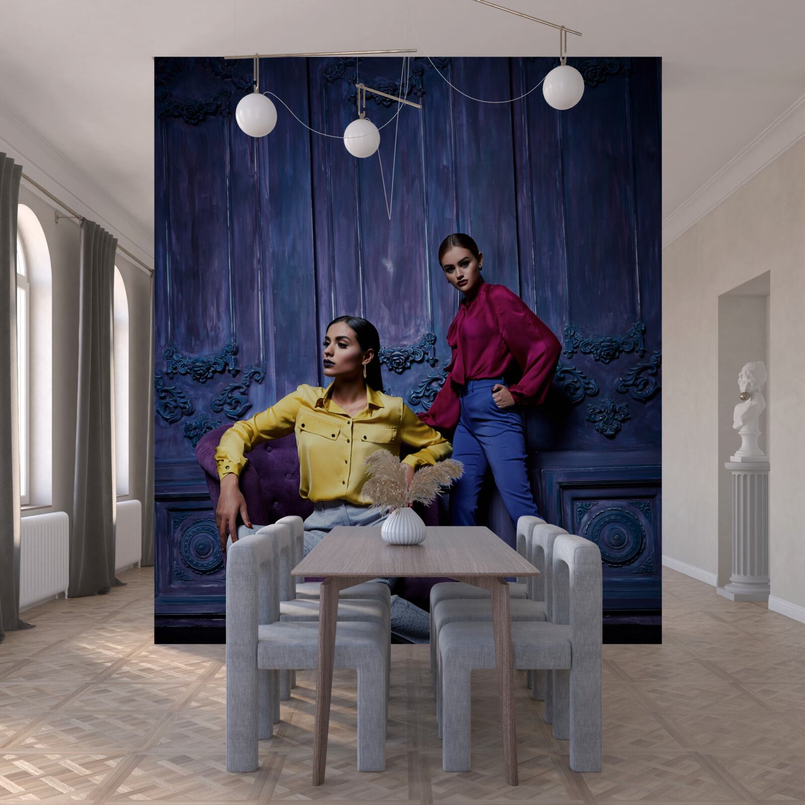 Papier peint des filles portant des chaussures à talons hauts prennent des photos près de l'ancienne muraille