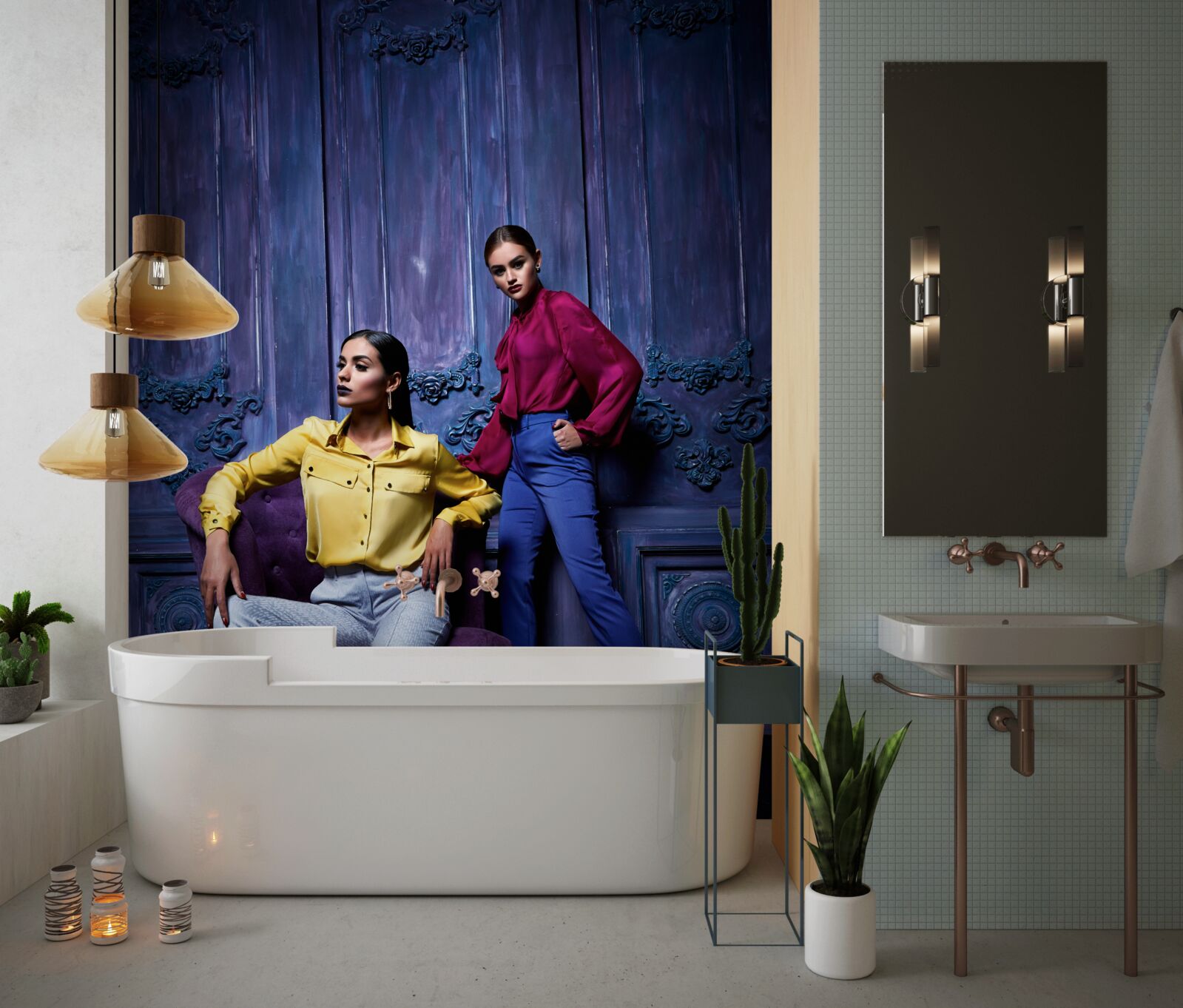 Papier peint des filles portant des chaussures à talons hauts prennent des photos près de l'ancienne muraille