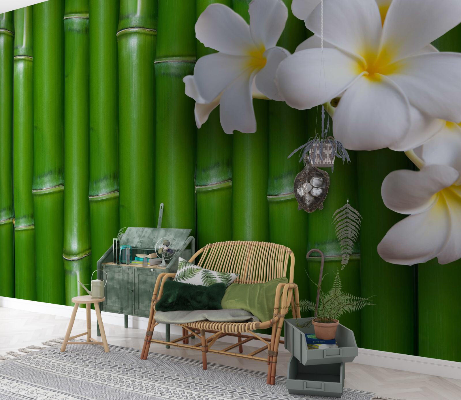 Papier peint fleurs lumineuses sur un grand bambou vert