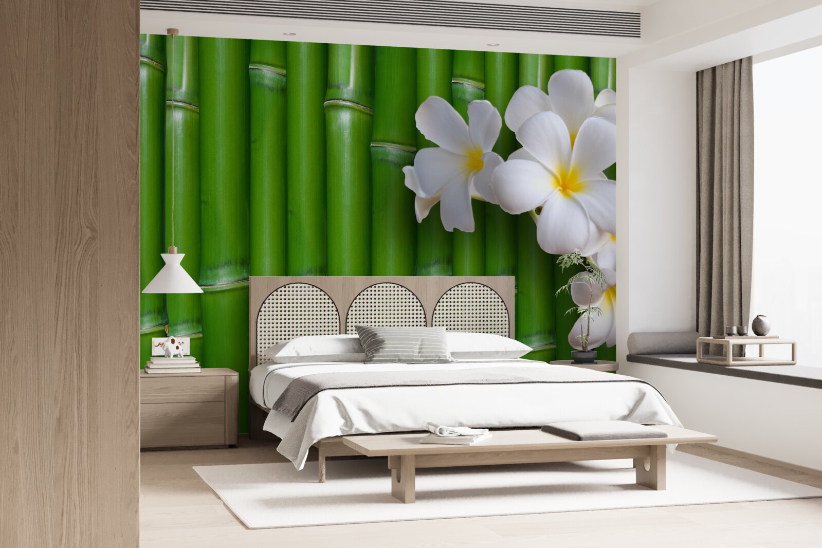 Papier peint fleurs lumineuses sur un grand bambou vert