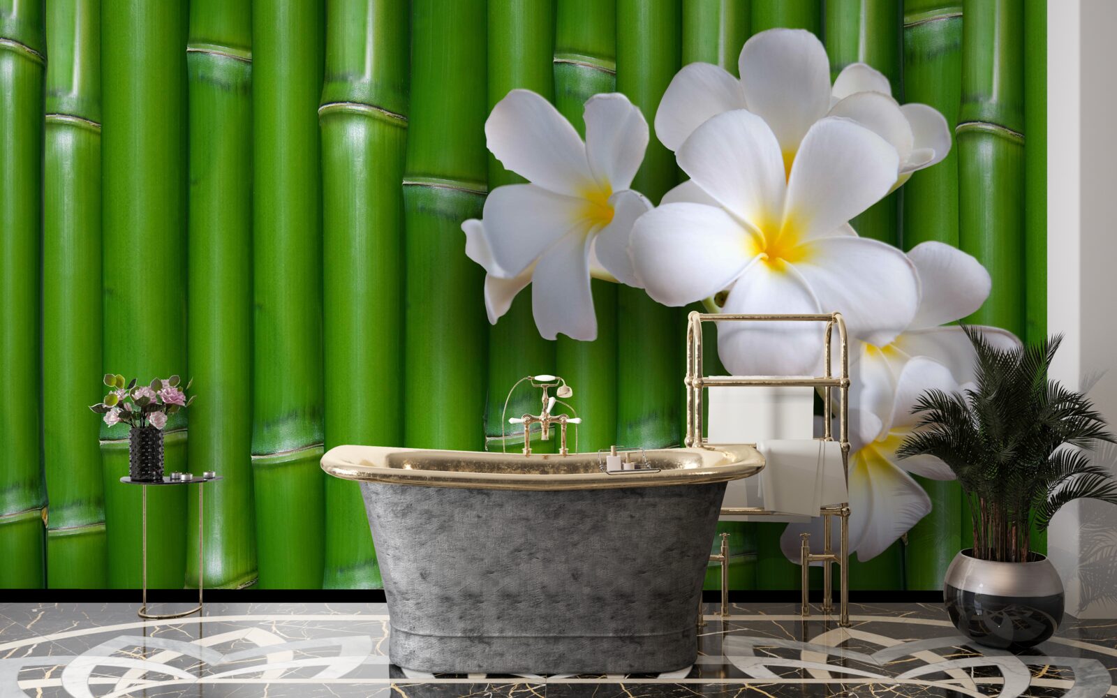 Papier peint fleurs lumineuses sur un grand bambou vert