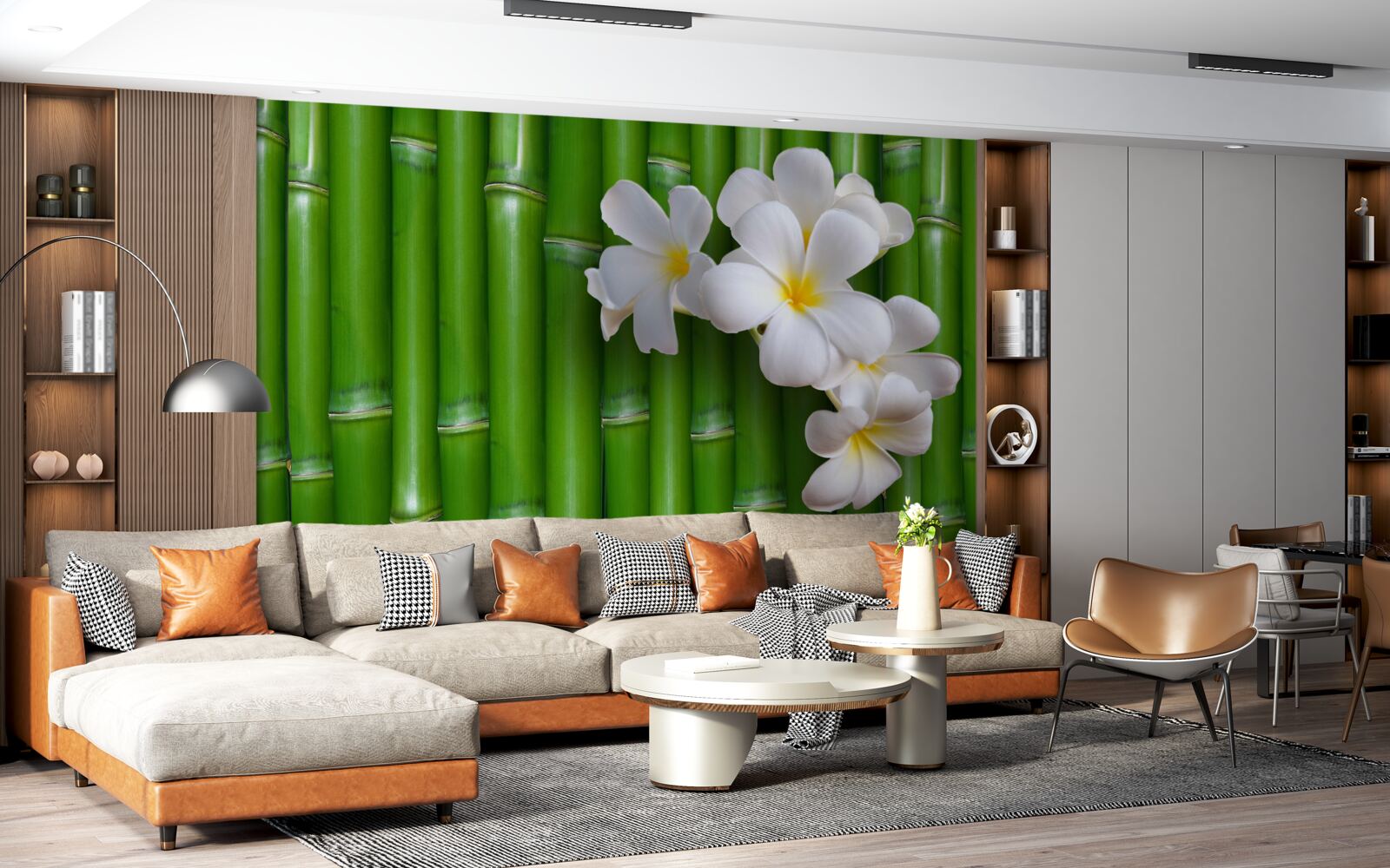 Papier peint fleurs lumineuses sur un grand bambou vert