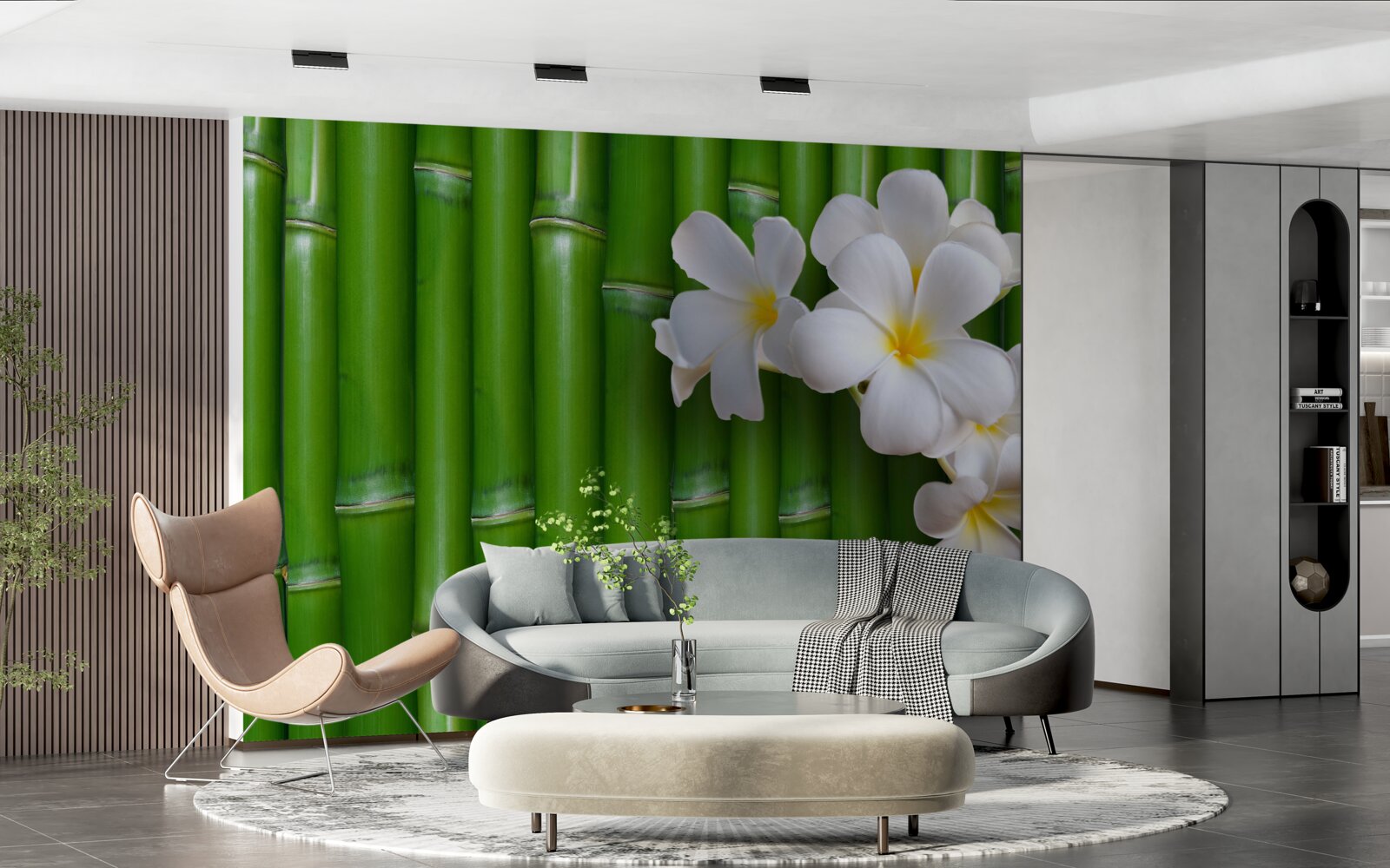 Papier peint fleurs lumineuses sur un grand bambou vert