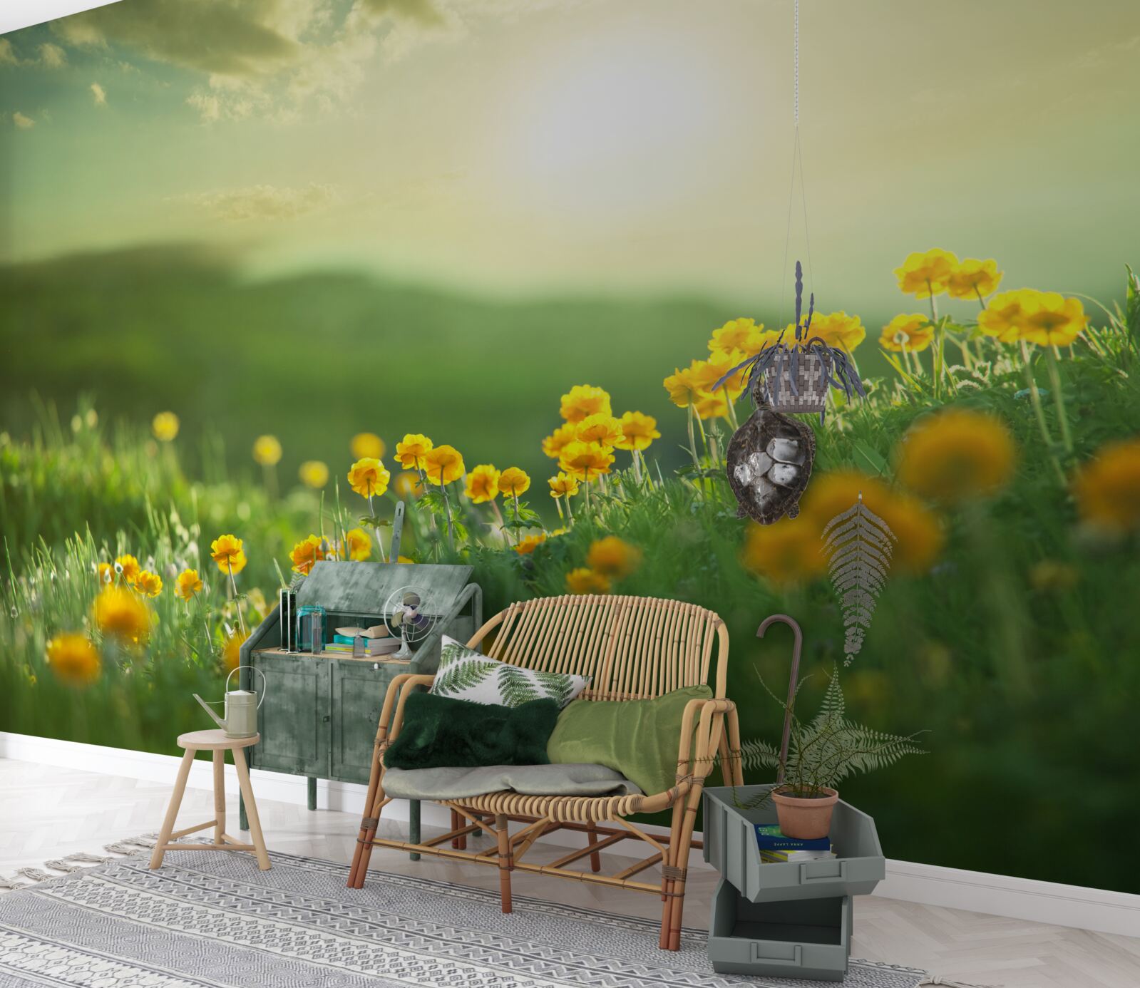 Papier peint dans une prairie, des pissenlits dorés observent le lever du soleil