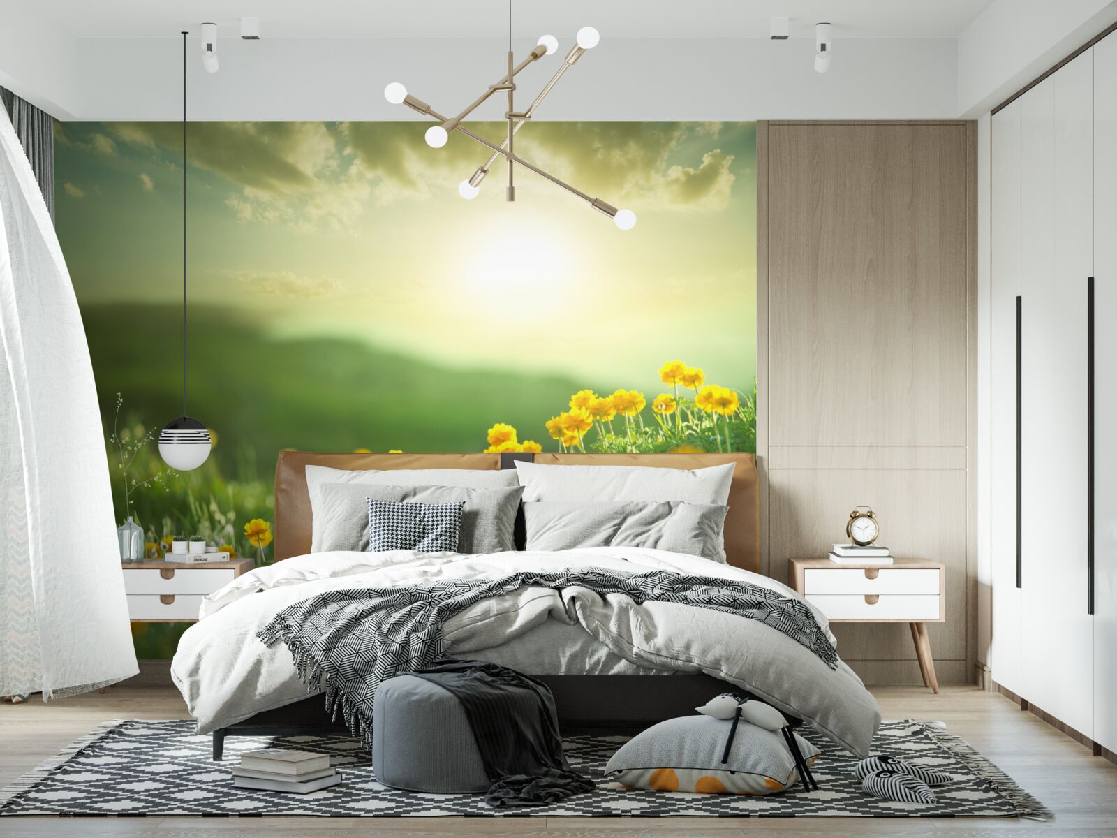 Papier peint dans une prairie, des pissenlits dorés observent le lever du soleil