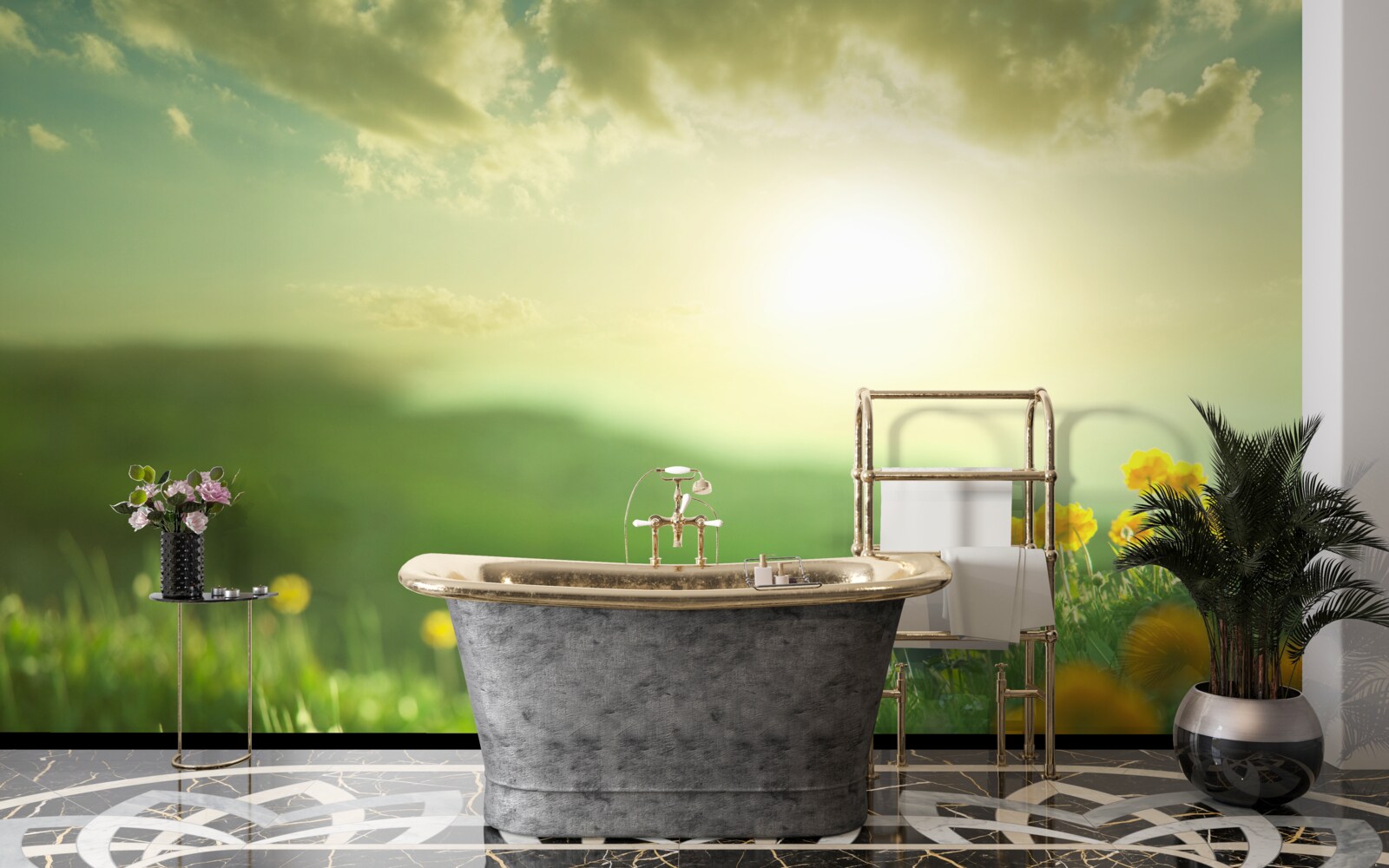 Papier peint dans une prairie, des pissenlits dorés observent le lever du soleil