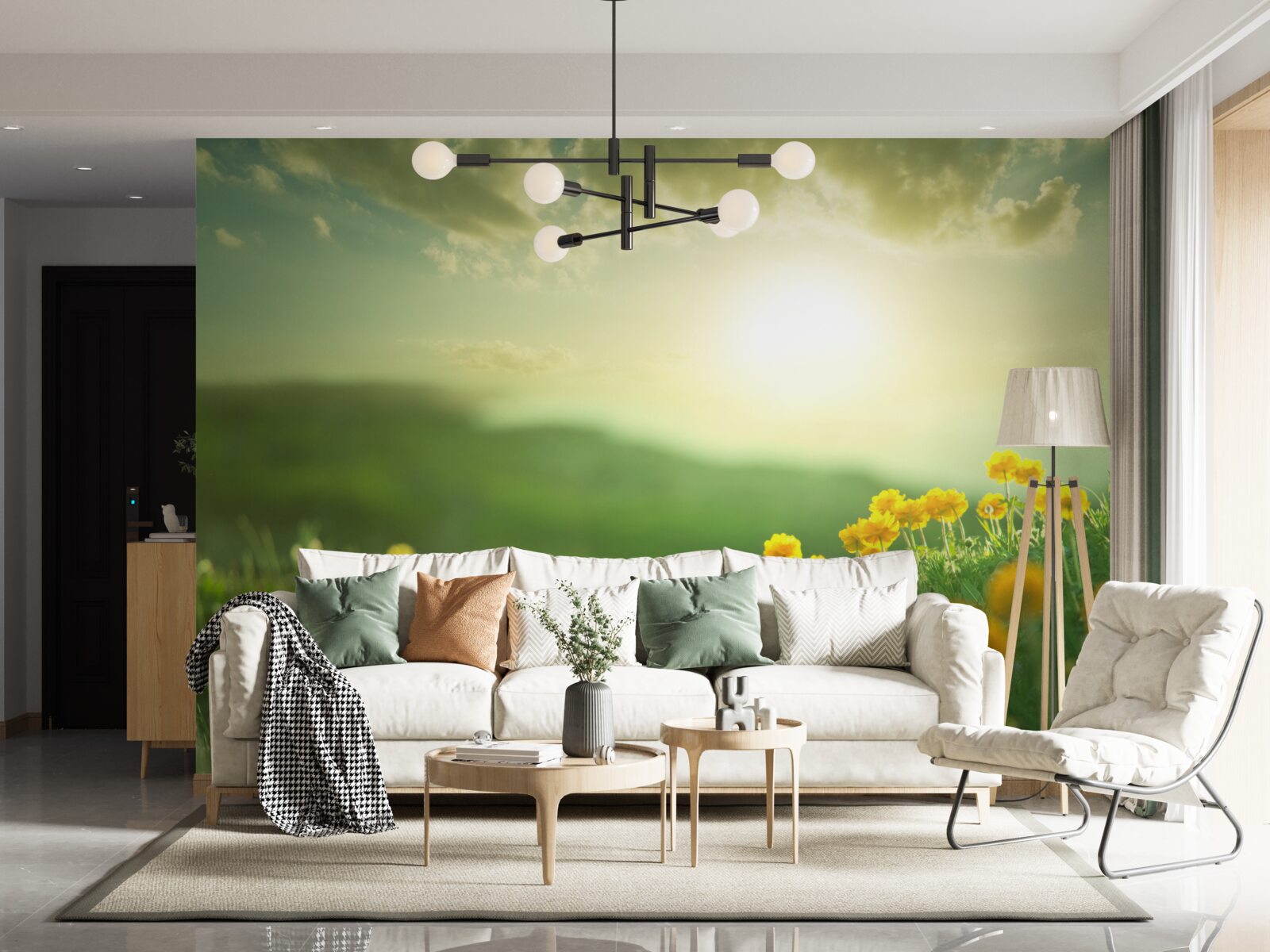 Papier peint dans une prairie, des pissenlits dorés observent le lever du soleil