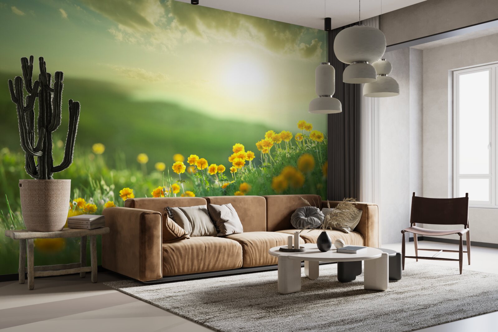 Papier peint dans une prairie, des pissenlits dorés observent le lever du soleil