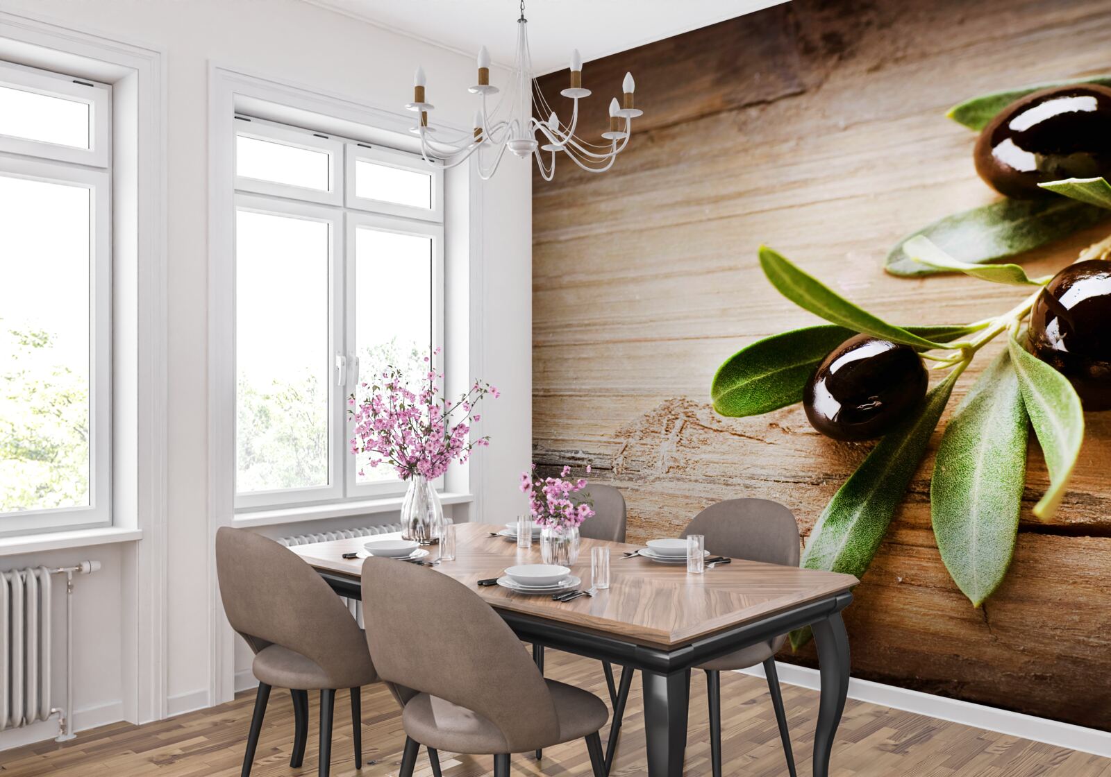 Papier peint branches décorées d'olives noires et de feuilles vertes