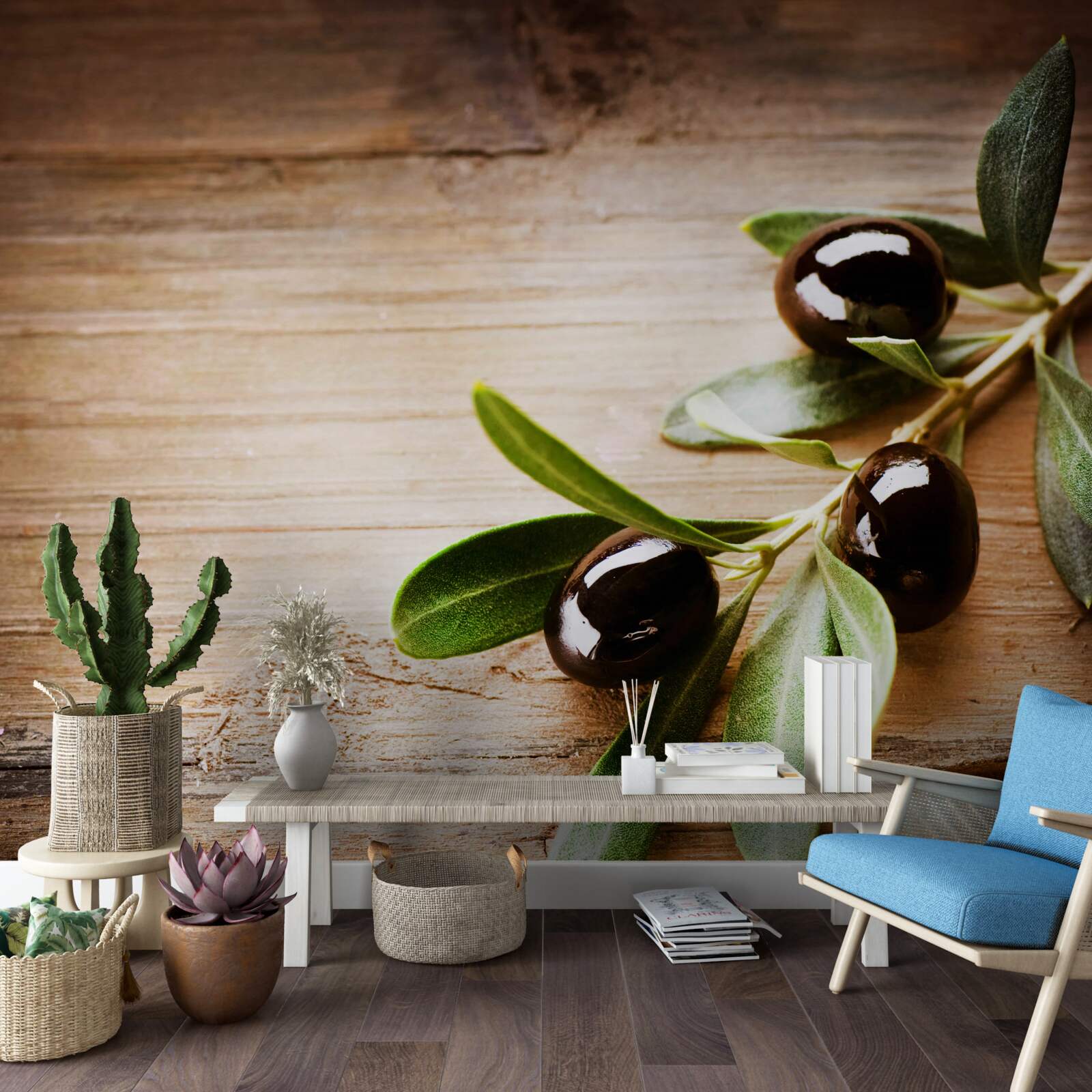 Papier peint branches décorées d'olives noires et de feuilles vertes