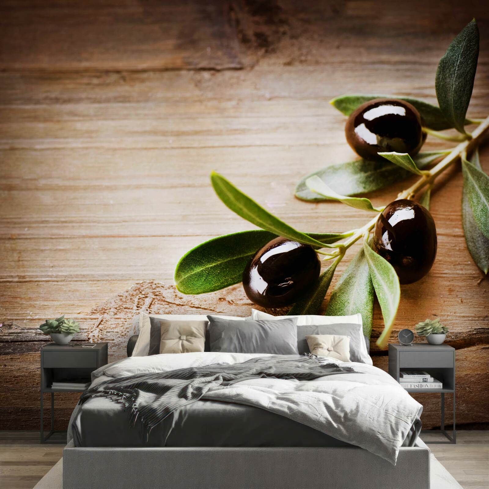 Papier peint branches décorées d'olives noires et de feuilles vertes