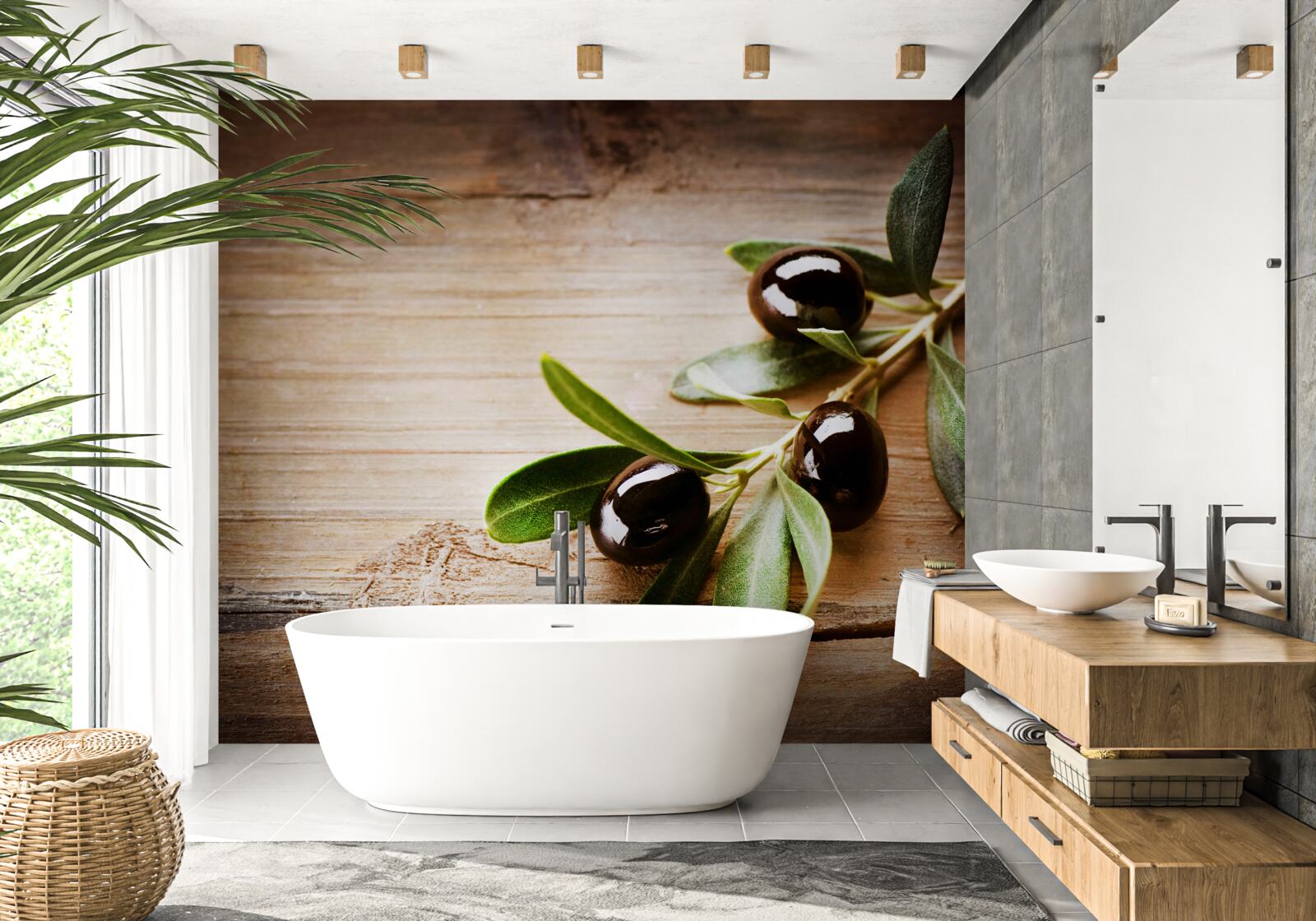 Papier peint branches décorées d'olives noires et de feuilles vertes