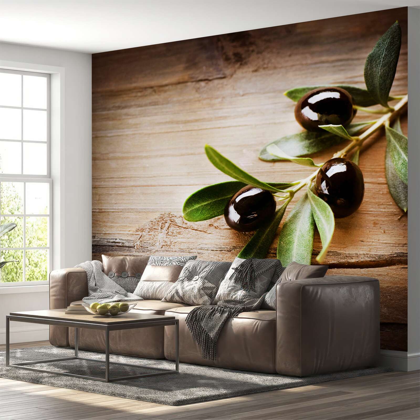 Papier peint branches décorées d'olives noires et de feuilles vertes