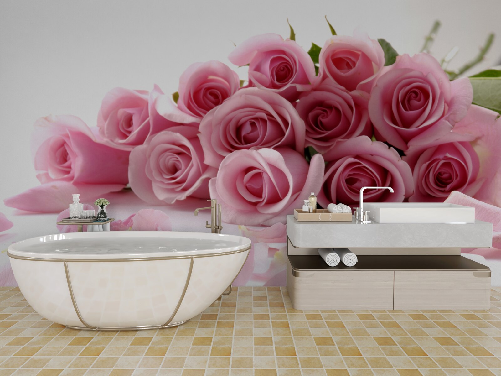 Papier peint roses roses délicates avec des pétales près de la surface de l'eau