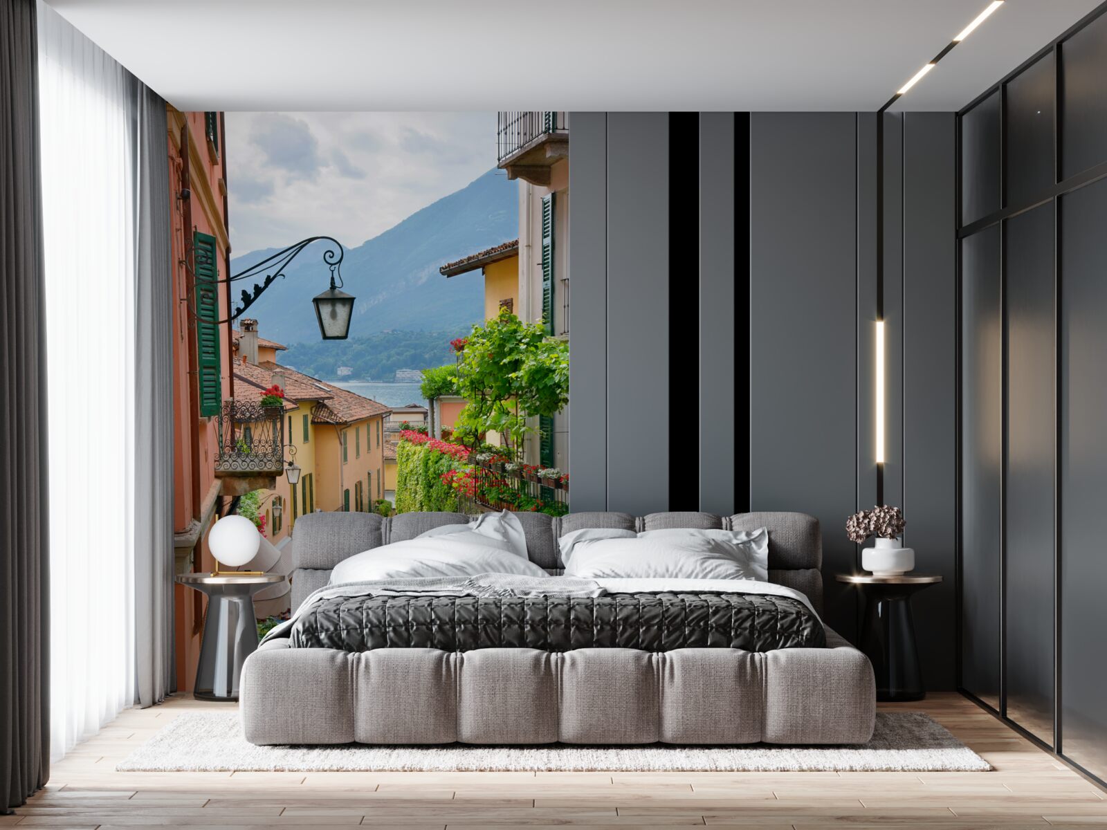 Papier peint rue menant à la mer, décorée de fleurs et de verdure