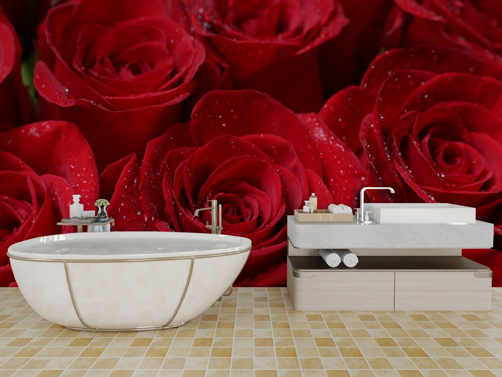 Papier peint boutons de rose d'une riche teinte écarlate