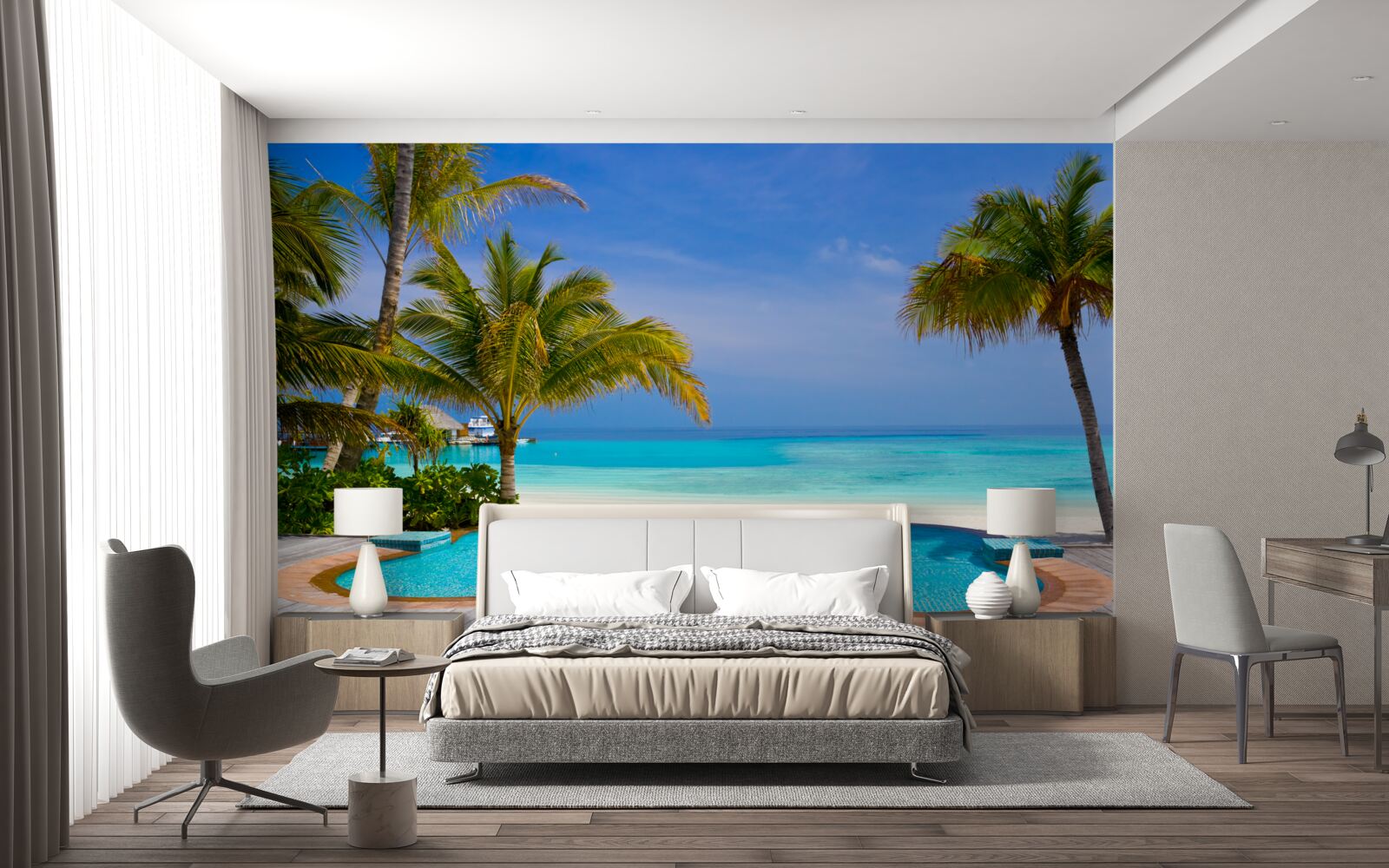 Papier peint piscine proche du rivage, entourée de palmiers