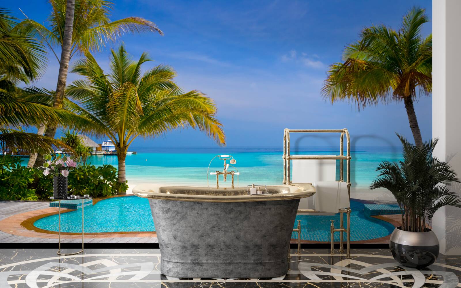 Papier peint piscine proche du rivage, entourée de palmiers