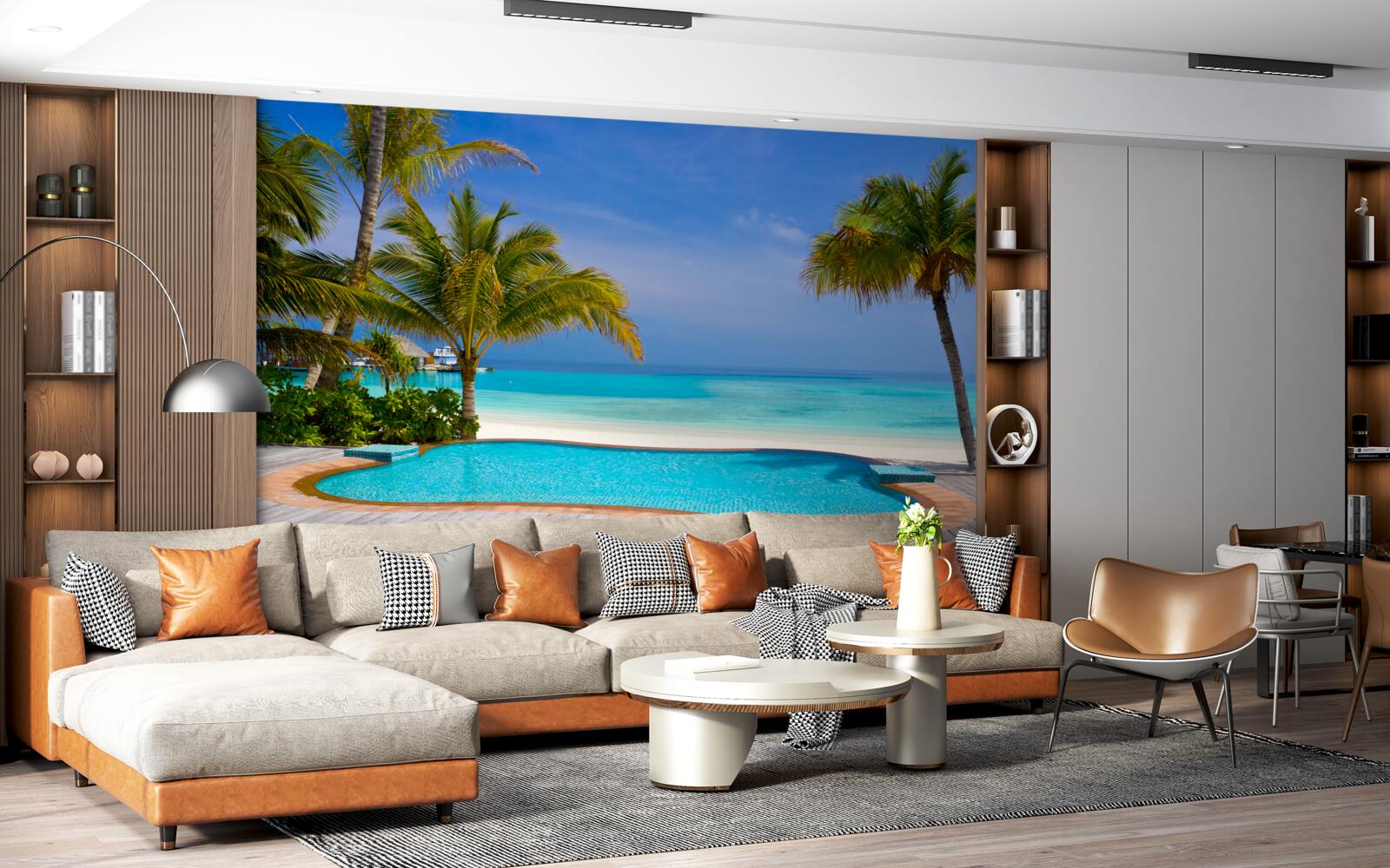 Papier peint piscine proche du rivage, entourée de palmiers