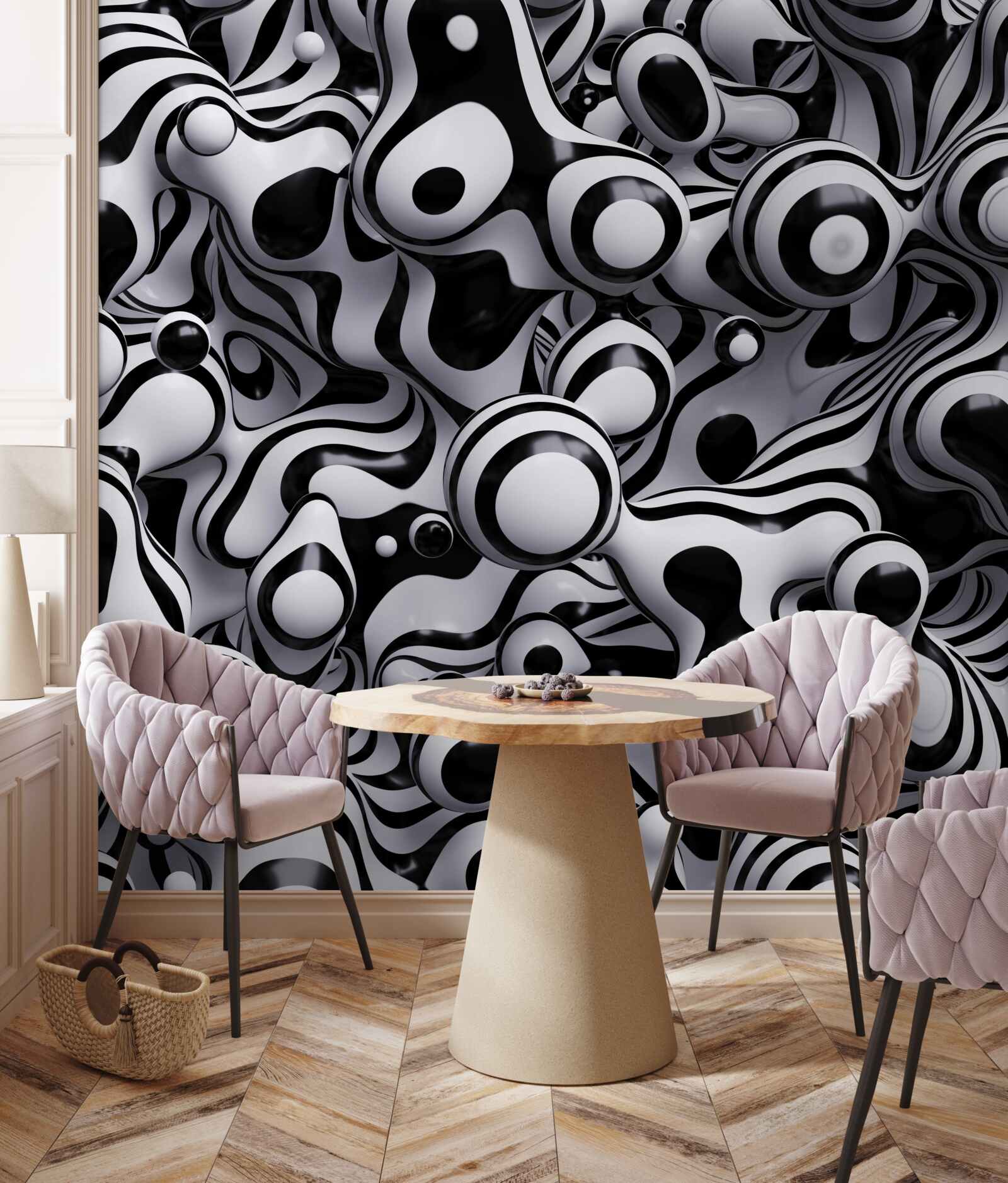 Papier peint des gouttes sombres sur un fond d'eau blanche créent une abstraction