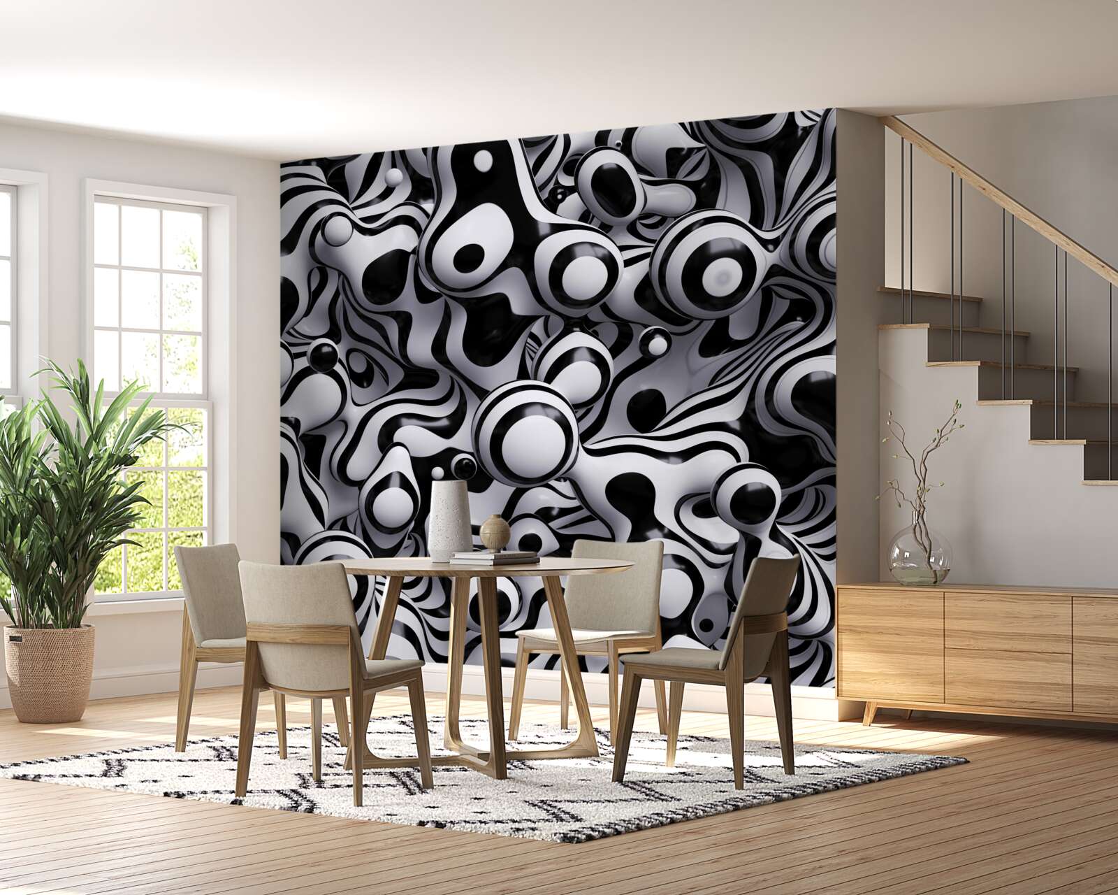 Papier peint des gouttes sombres sur un fond d'eau blanche créent une abstraction