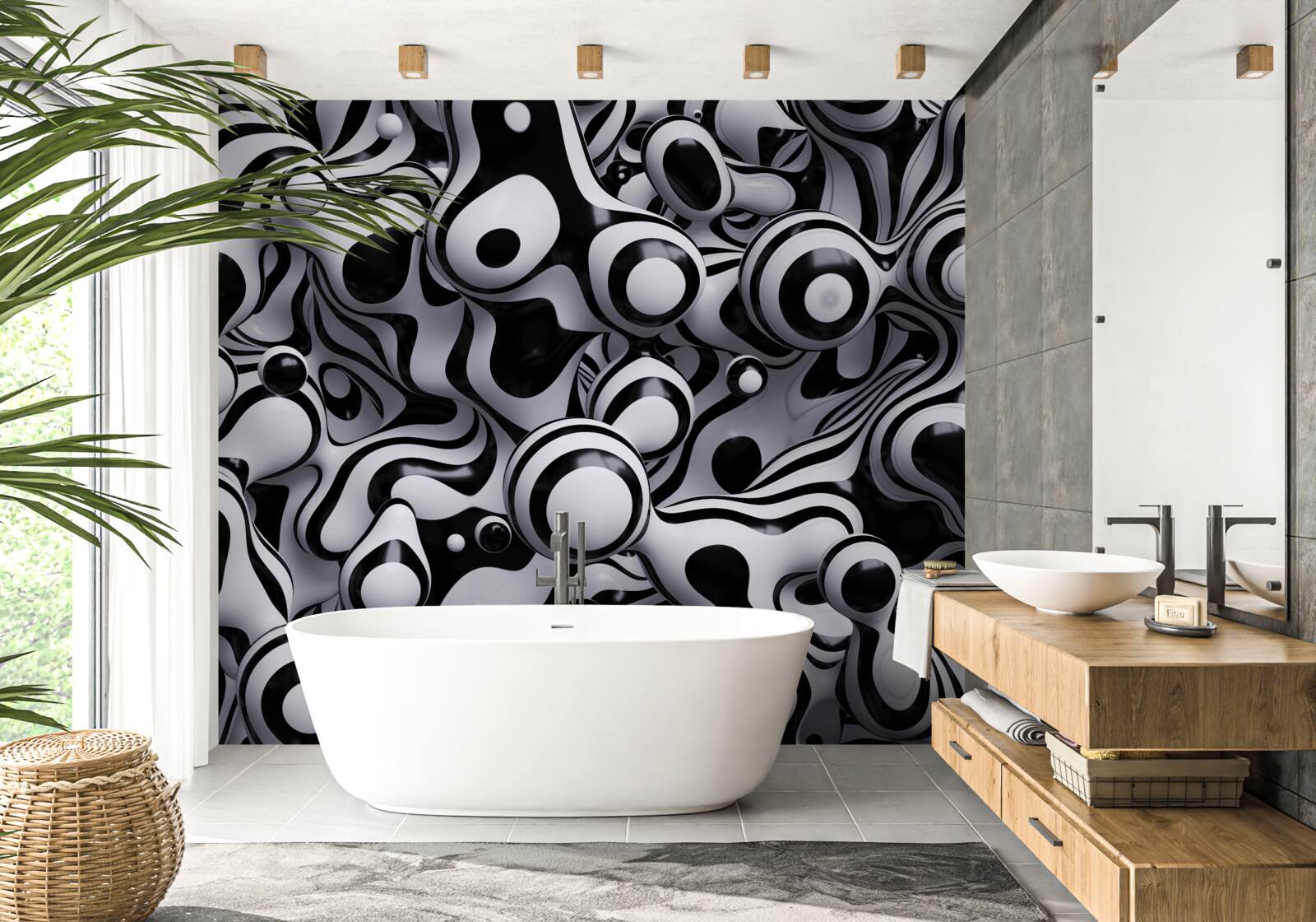 Papier peint des gouttes sombres sur un fond d'eau blanche créent une abstraction