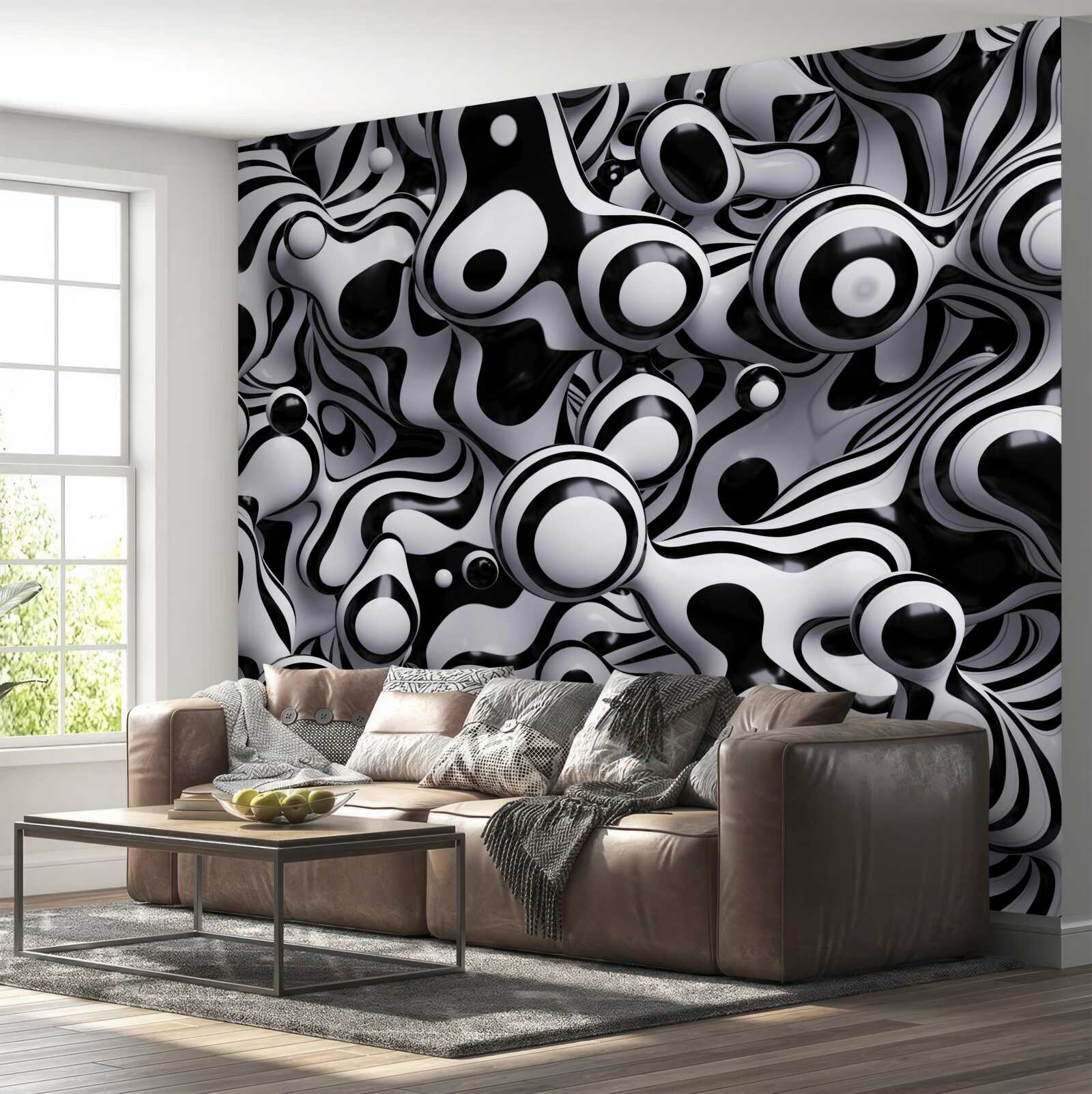 Papier peint des gouttes sombres sur un fond d'eau blanche créent une abstraction