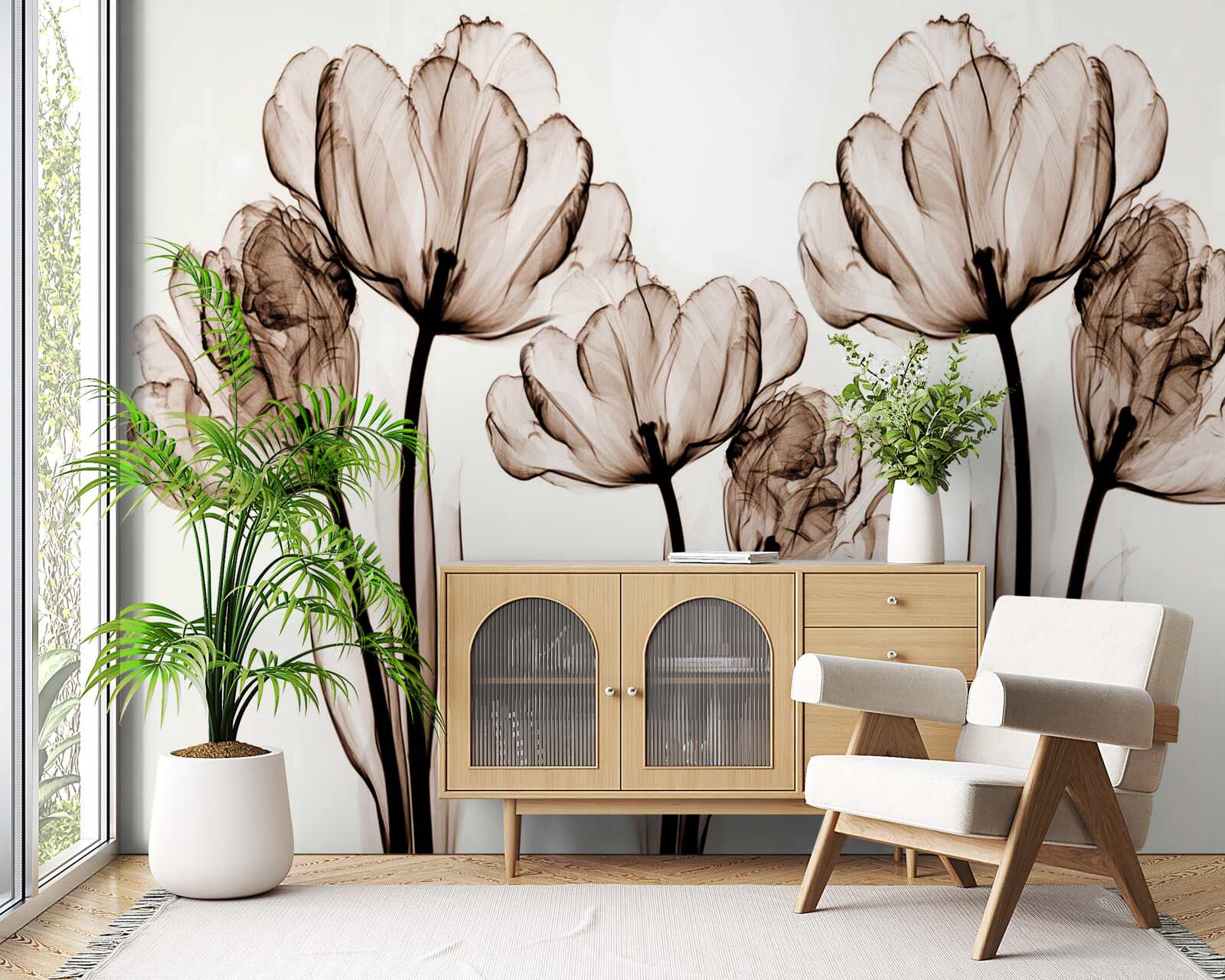 Papier peint fleurs délicates et gracieuses avec des boutons transparents