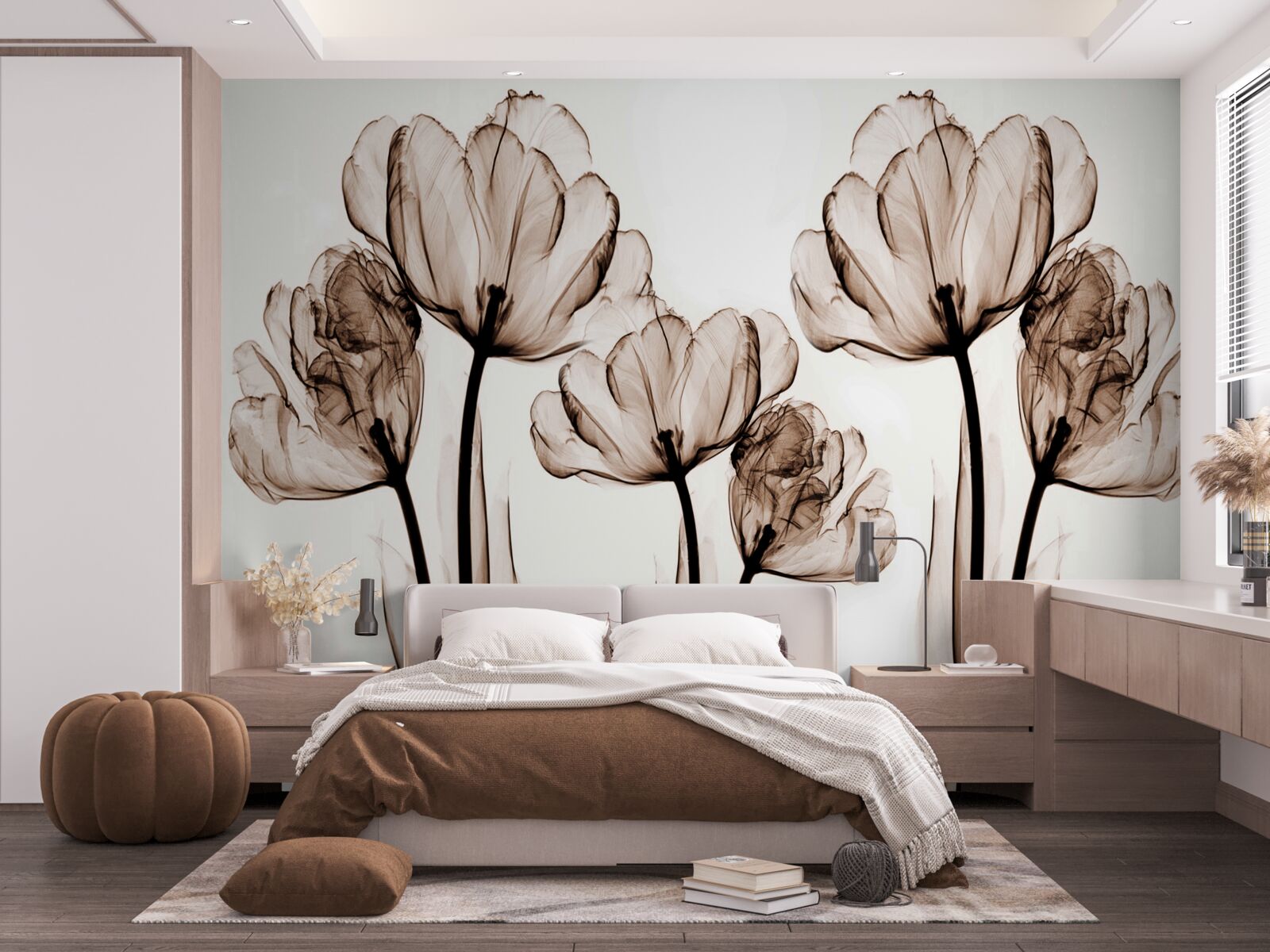 Papier peint fleurs délicates et gracieuses avec des boutons transparents