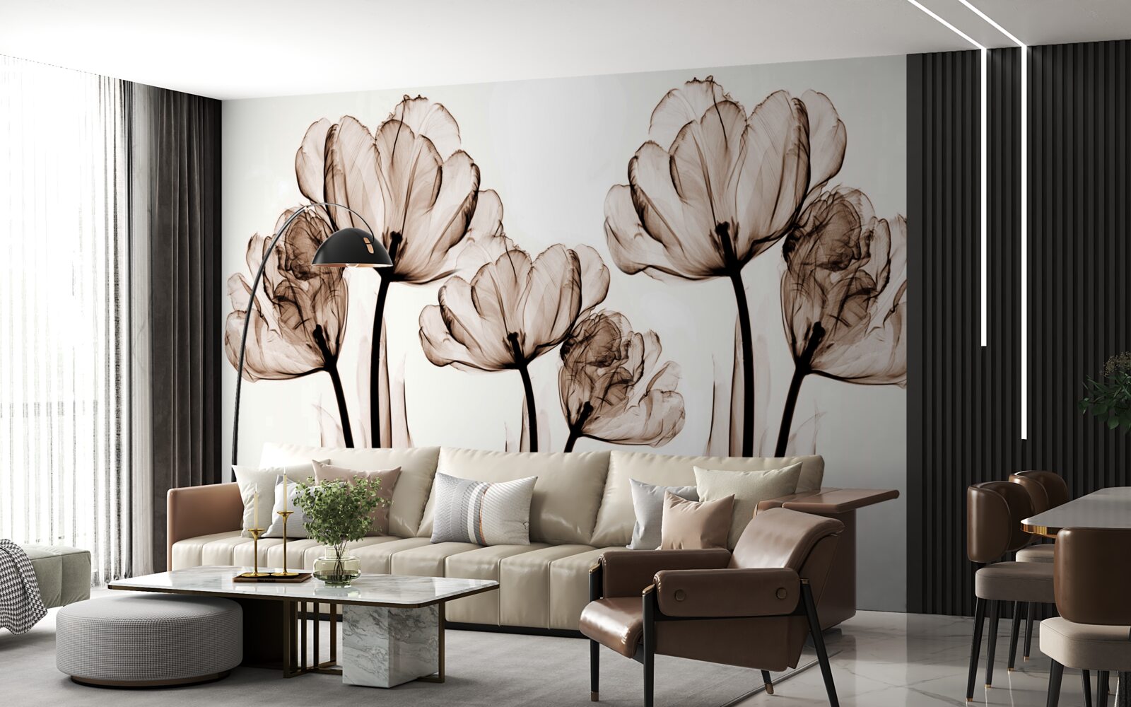 Papier peint fleurs délicates et gracieuses avec des boutons transparents