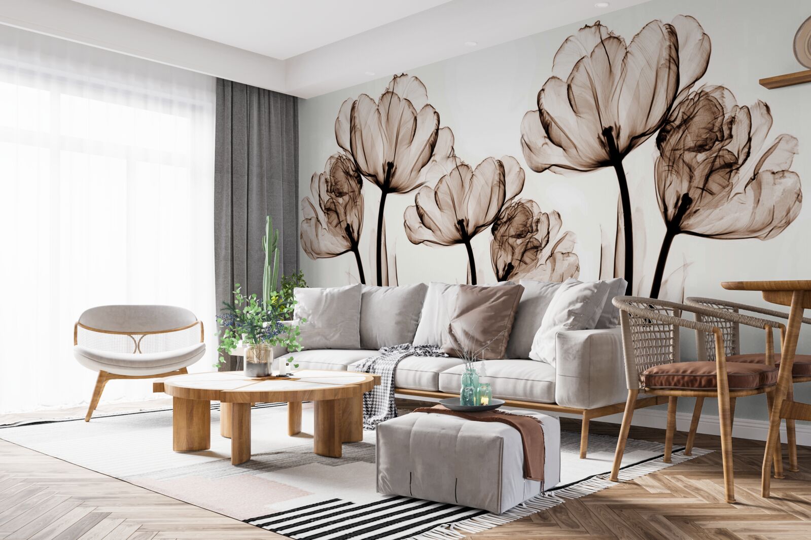 Papier peint fleurs délicates et gracieuses avec des boutons transparents