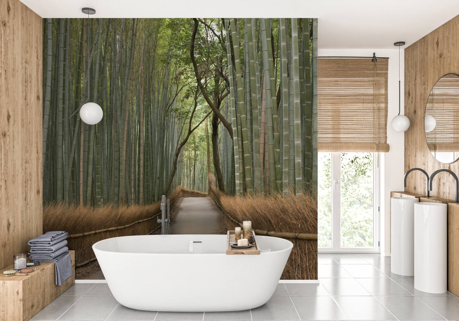 Papier peint un sentier étroit et solitaire serpente à travers une forêt de bambous