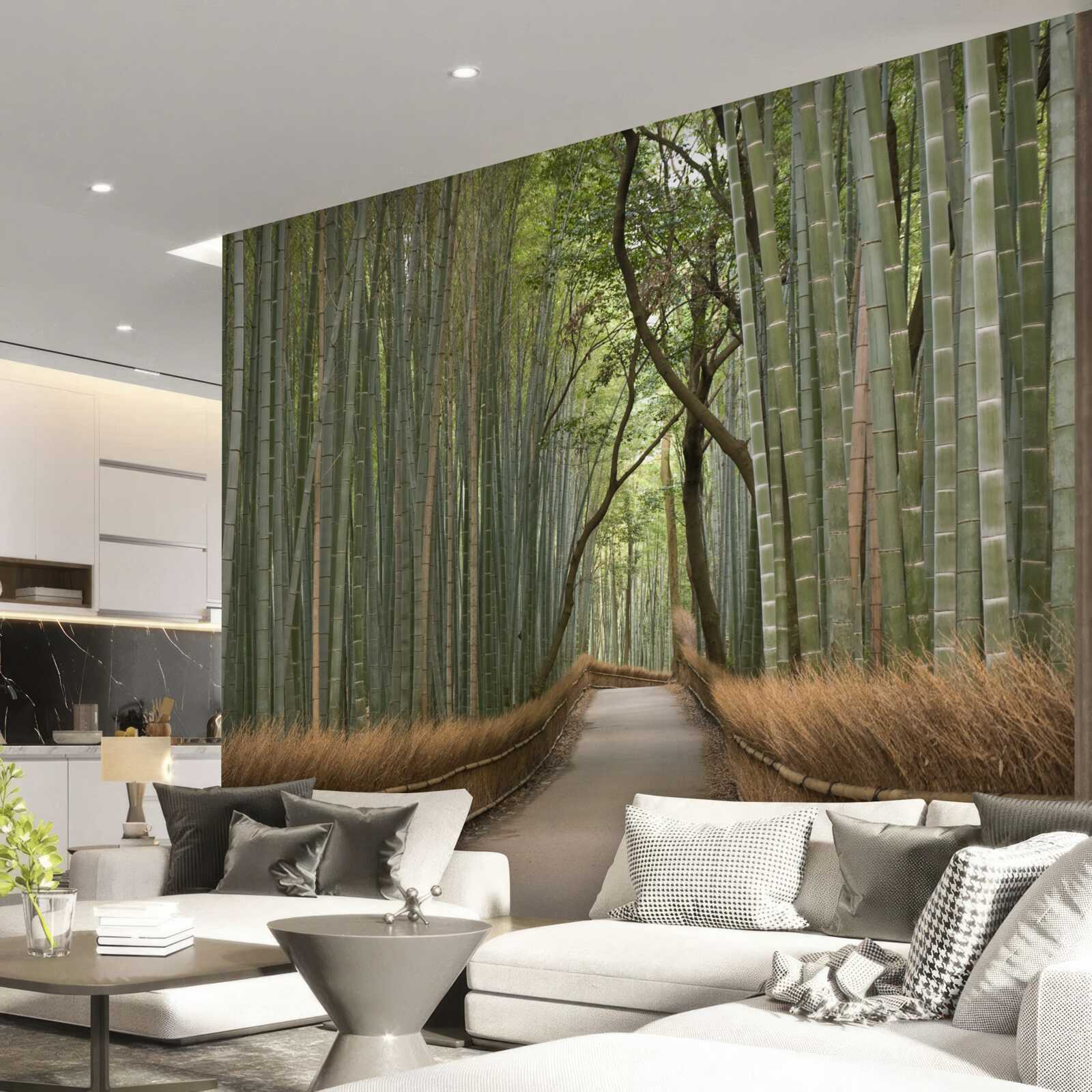 Papier peint un sentier étroit et solitaire serpente à travers une forêt de bambous