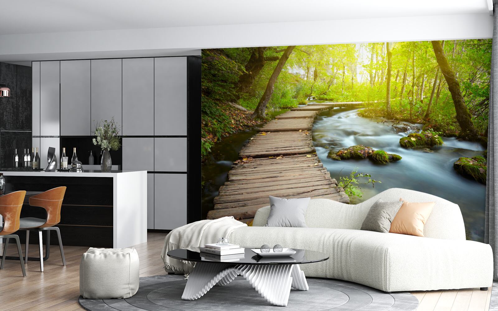 Papier peint chemin en bois près de la rivière dans une forêt ensoleillée