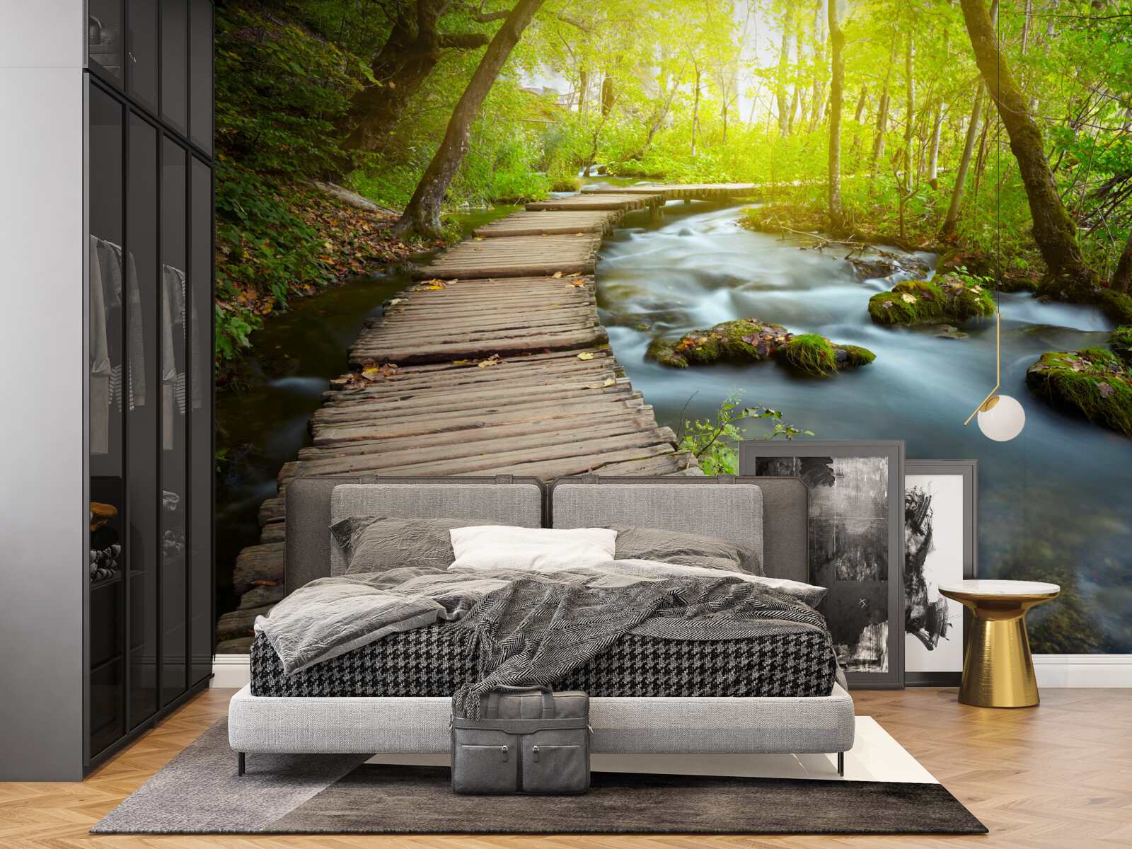 Papier peint chemin en bois près de la rivière dans une forêt ensoleillée
