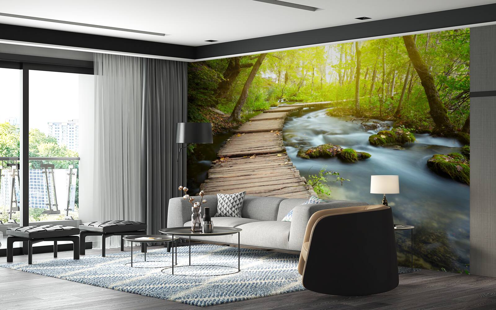 Papier peint chemin en bois près de la rivière dans une forêt ensoleillée