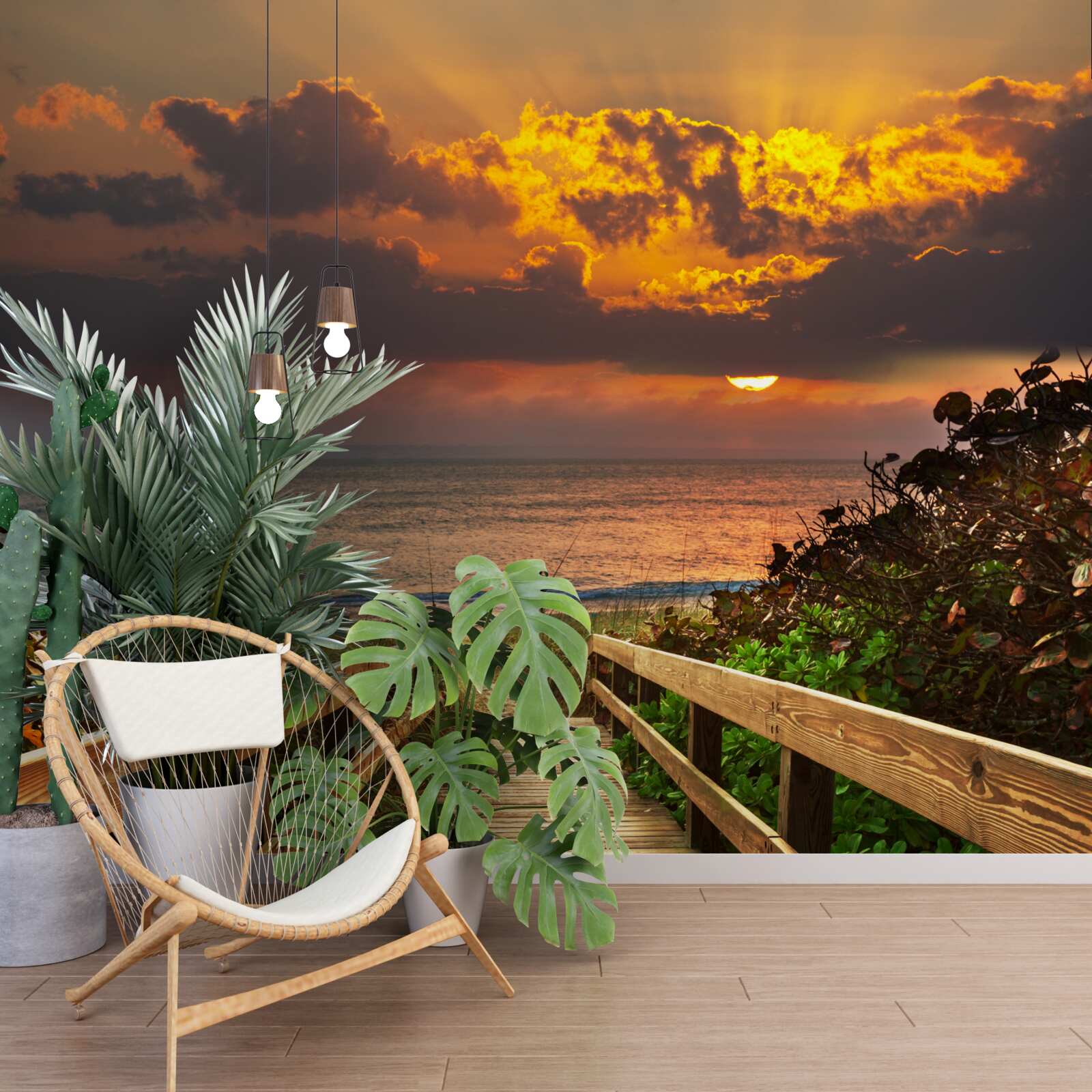 Papier peint le soleil se couche sous l'horizon au bord de la mer