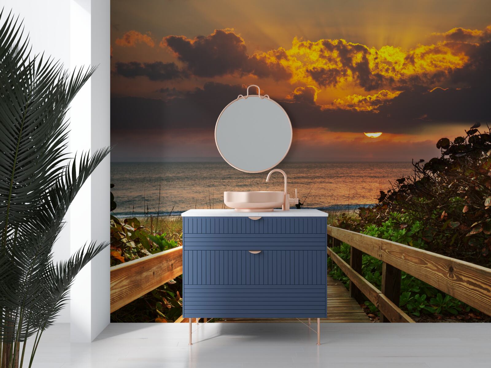 Papier peint le soleil se couche sous l'horizon au bord de la mer